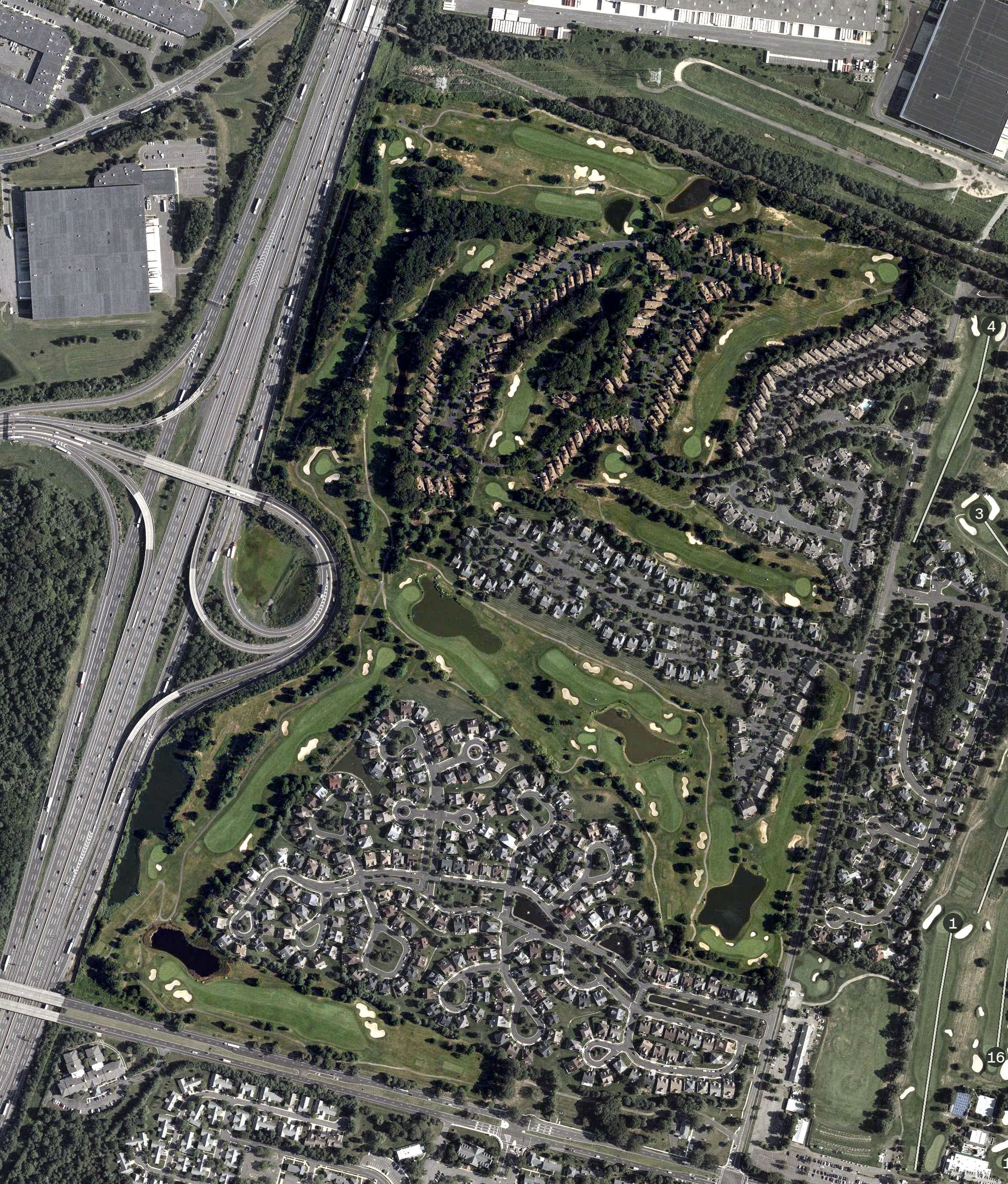 Aerial view of Forsgate Country Club, NJ, with its hole routing marked