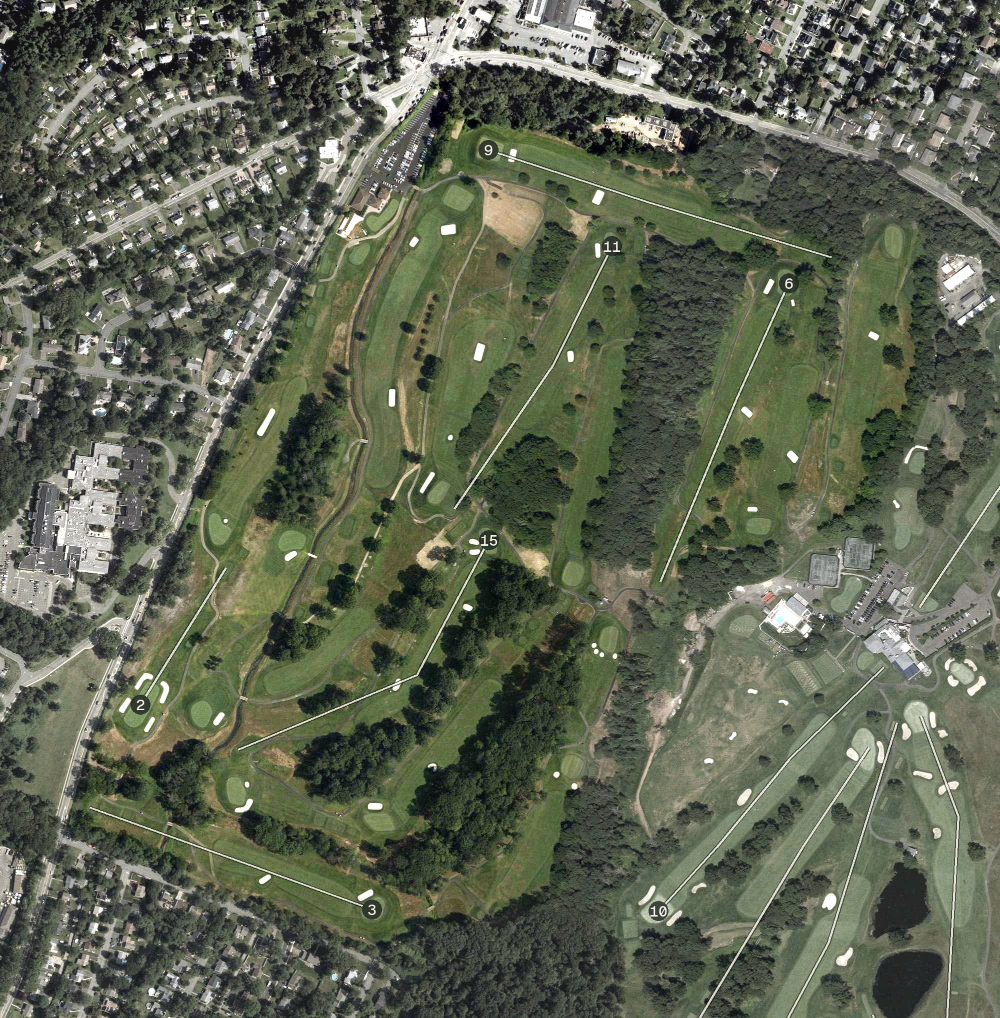 Aerial view of Francis Byrne Golf Course, NJ, with its hole routing marked