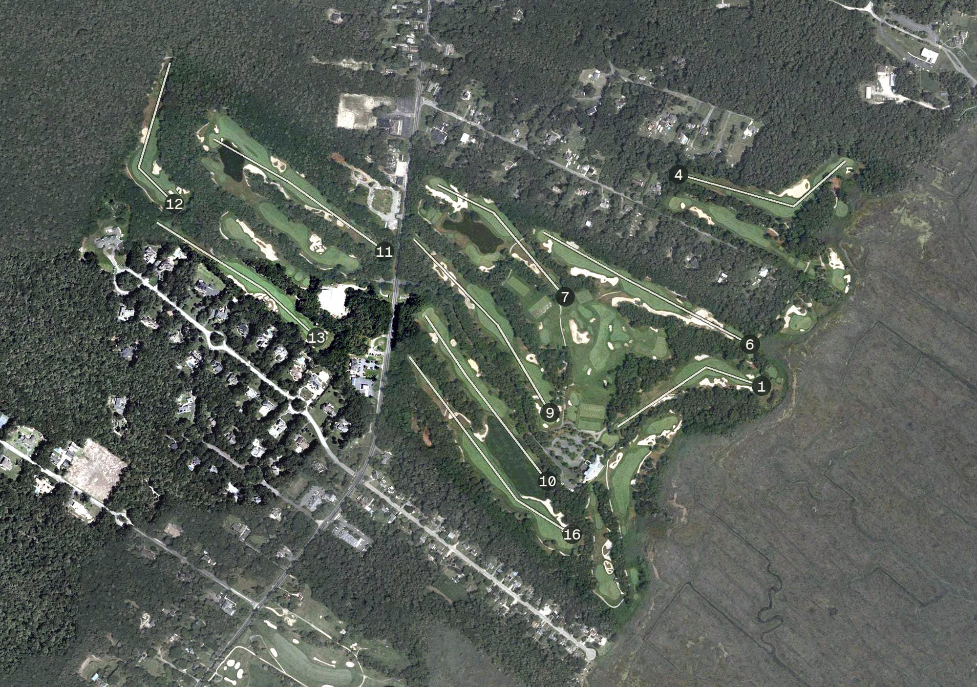 Aerial view of Galloway National Golf Club, NJ, with its hole routing marked