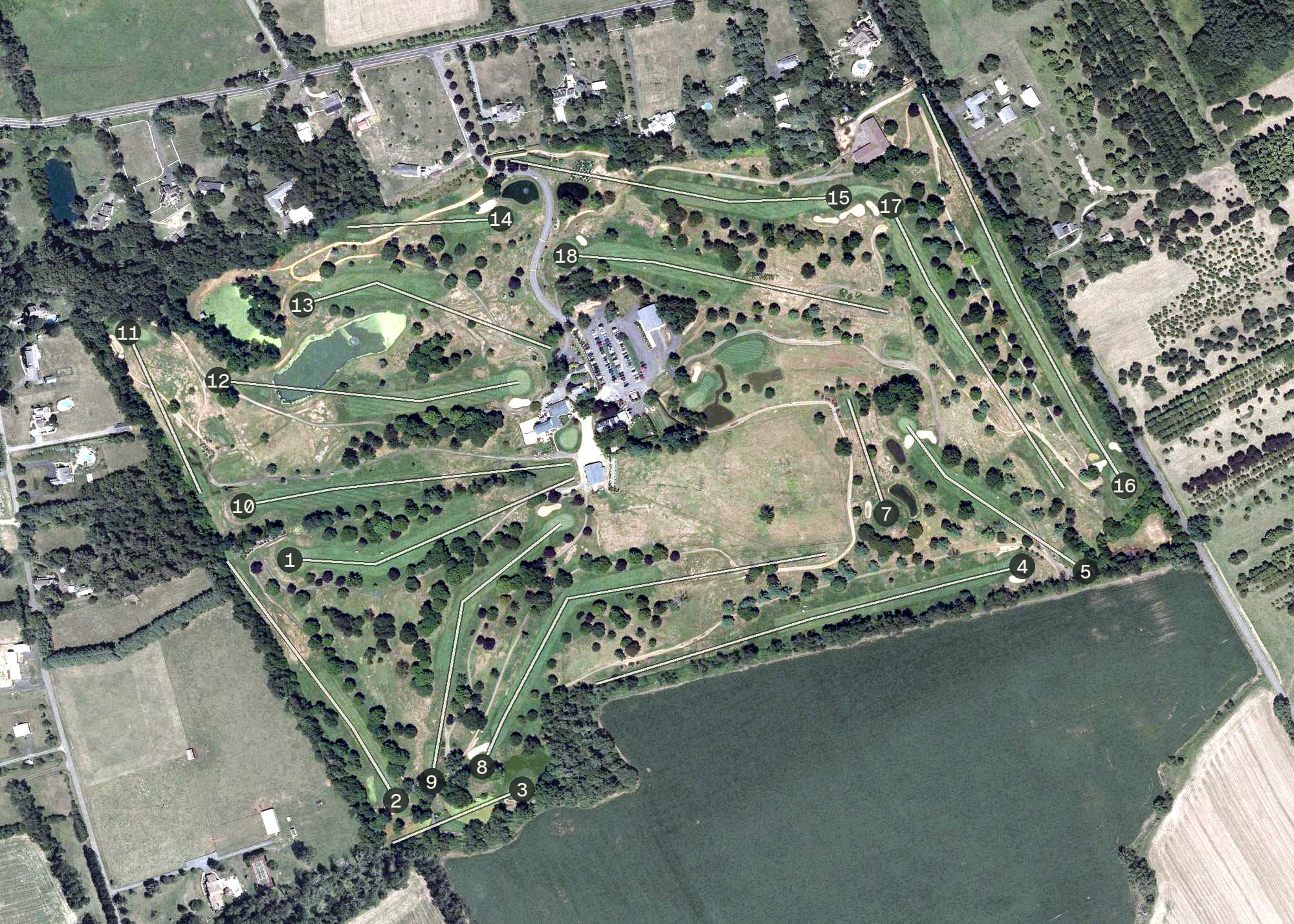 Aerial view of Gambler Ridge Golf Club, NJ, with its hole routing marked