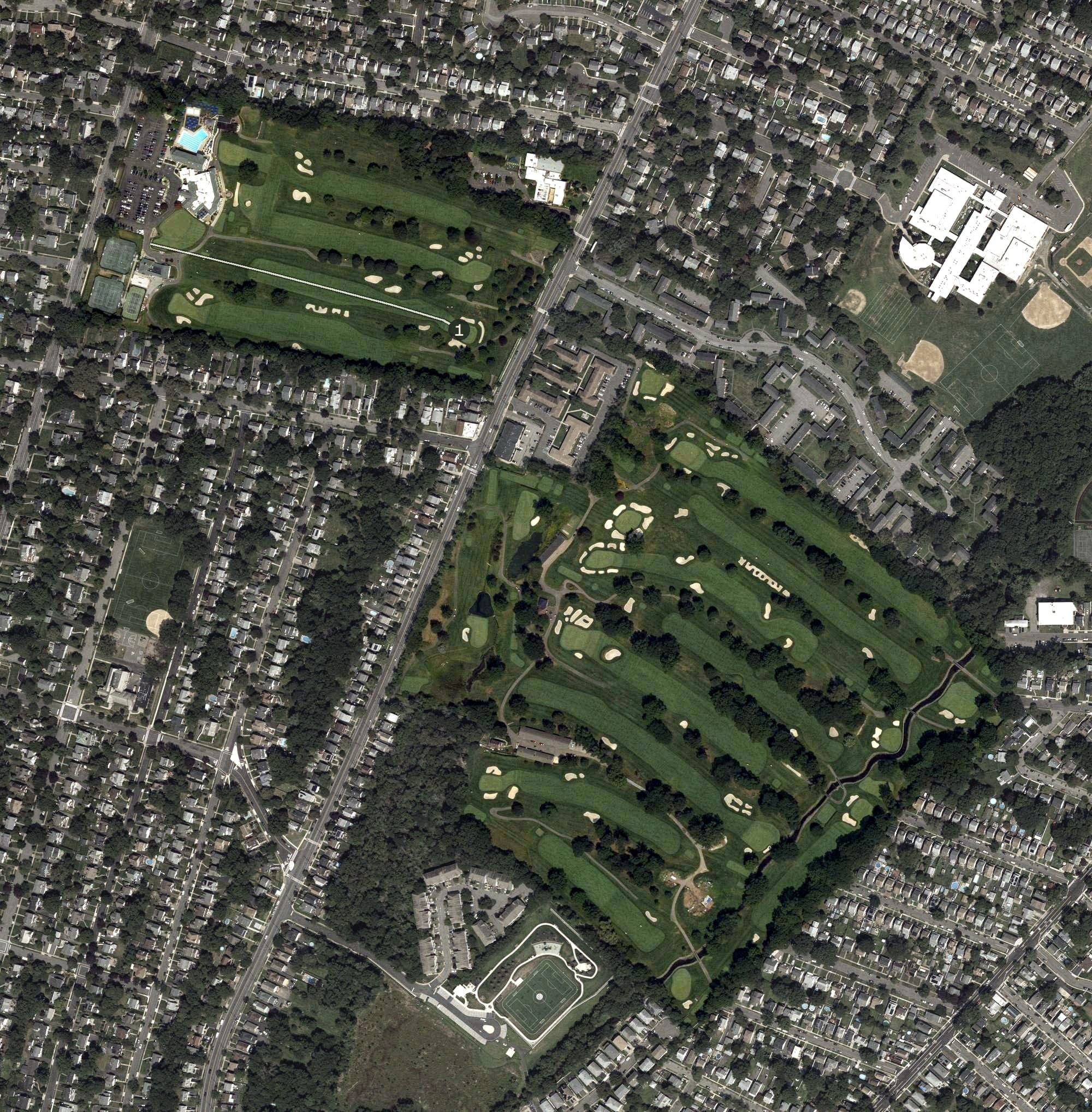 Aerial view of Glen Ridge Country Club, NJ, with its hole routing marked
