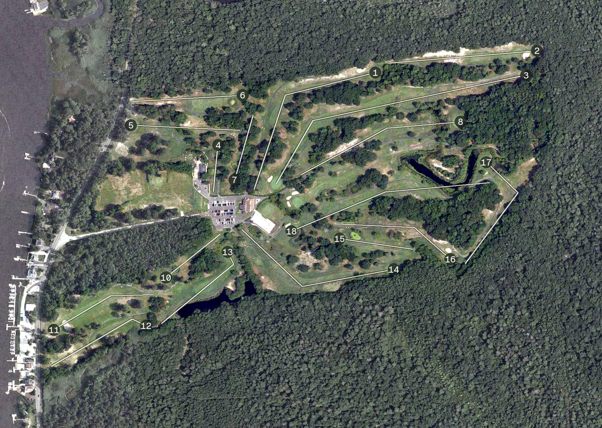 Aerial view of Green Tree Golf Course, NJ, with its hole routing marked