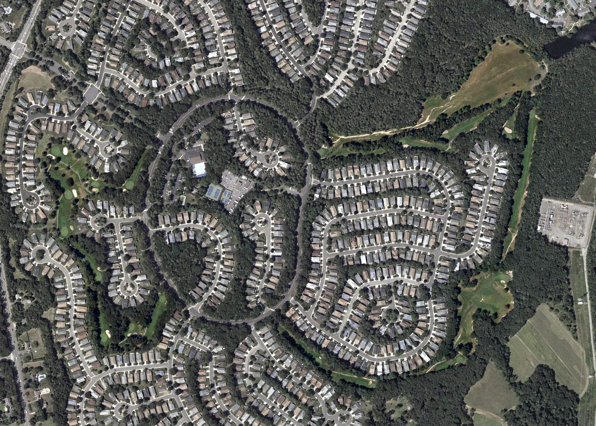 Aerial view of Greenbriar Woodlands Golf Club, NJ, with its hole routing marked