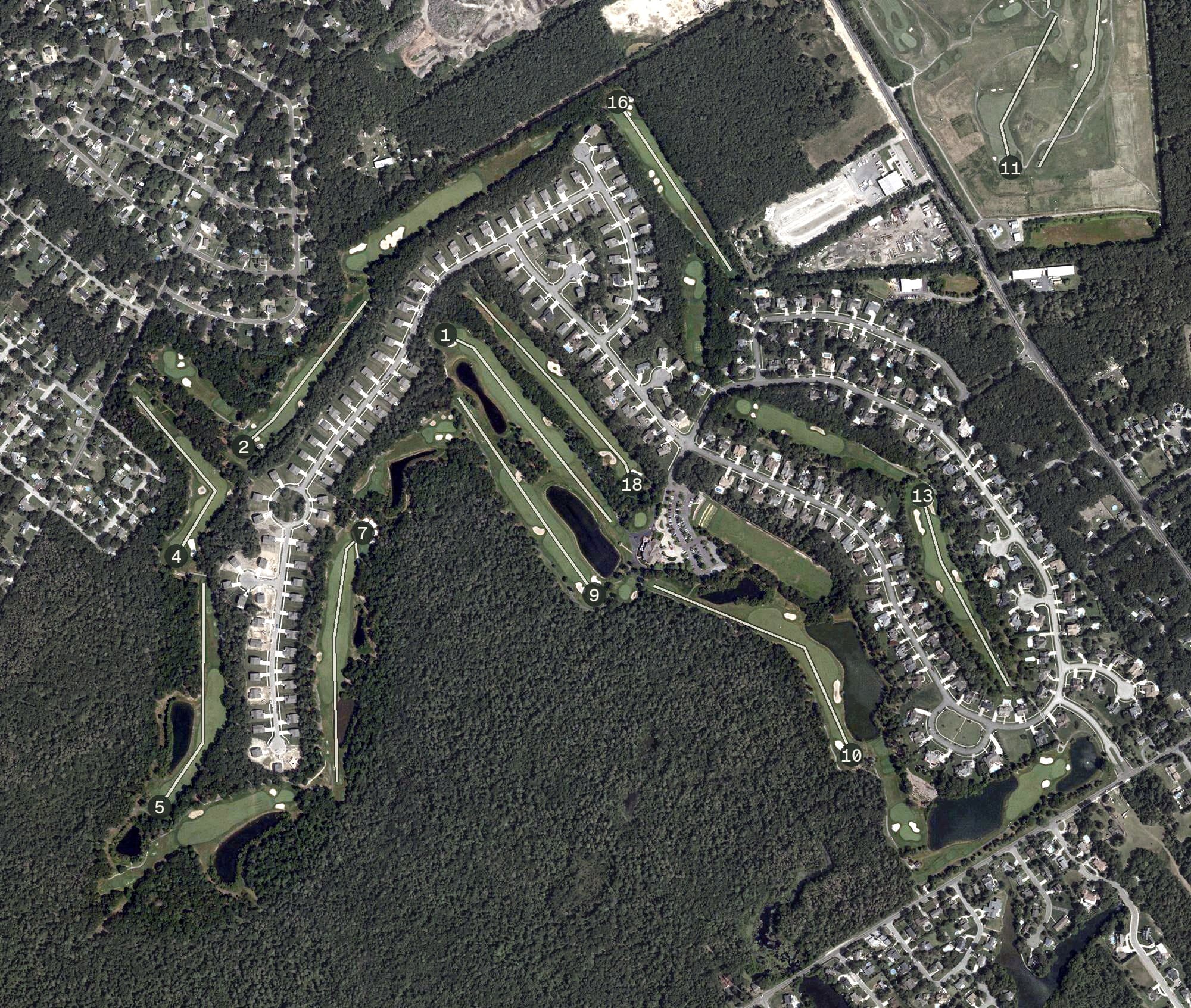 Aerial view of Harbor Pines Golf Club, NJ, with its hole routing marked