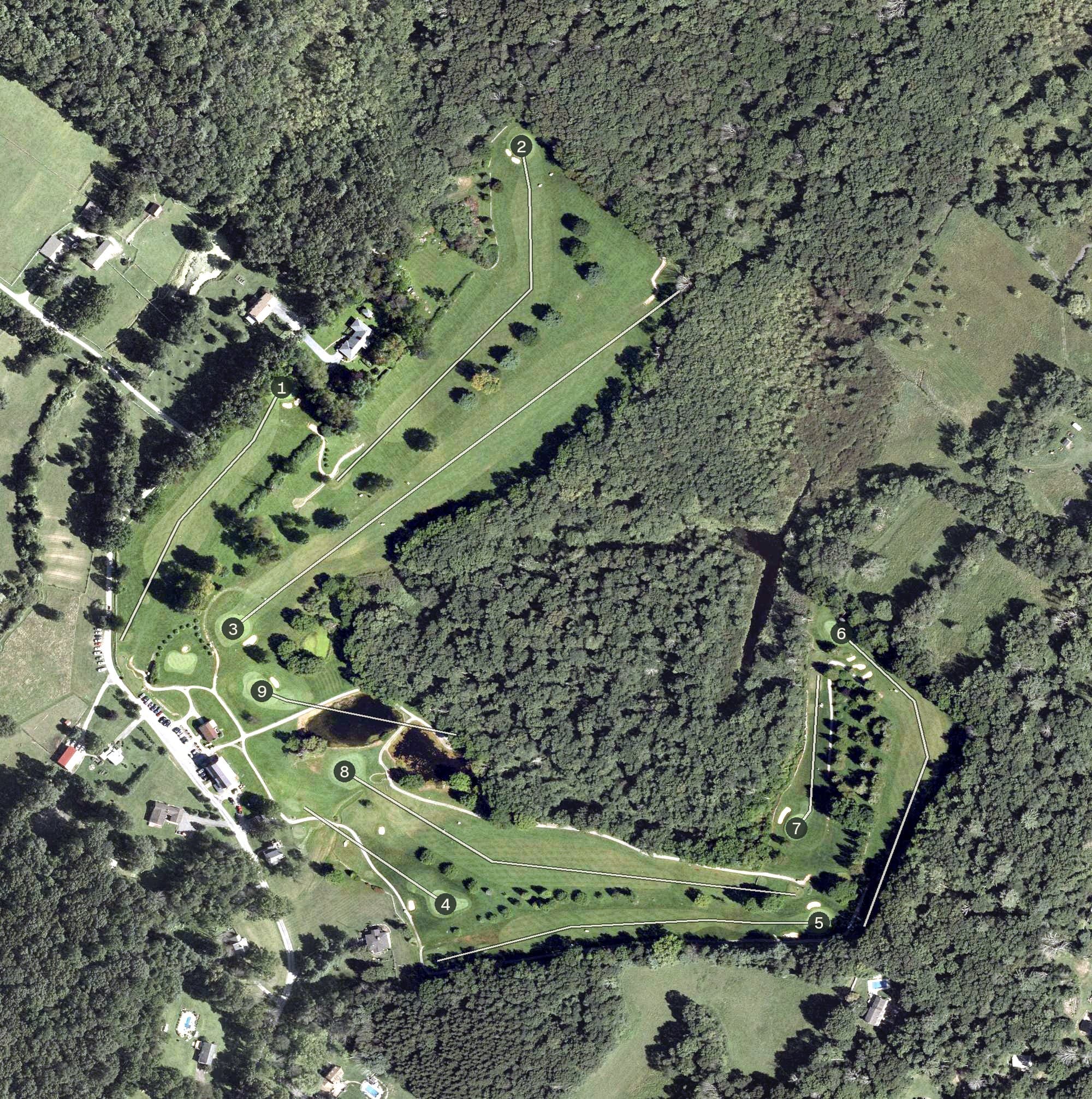 Aerial view of Hidden Acres golf Course, NJ, with its hole routing marked