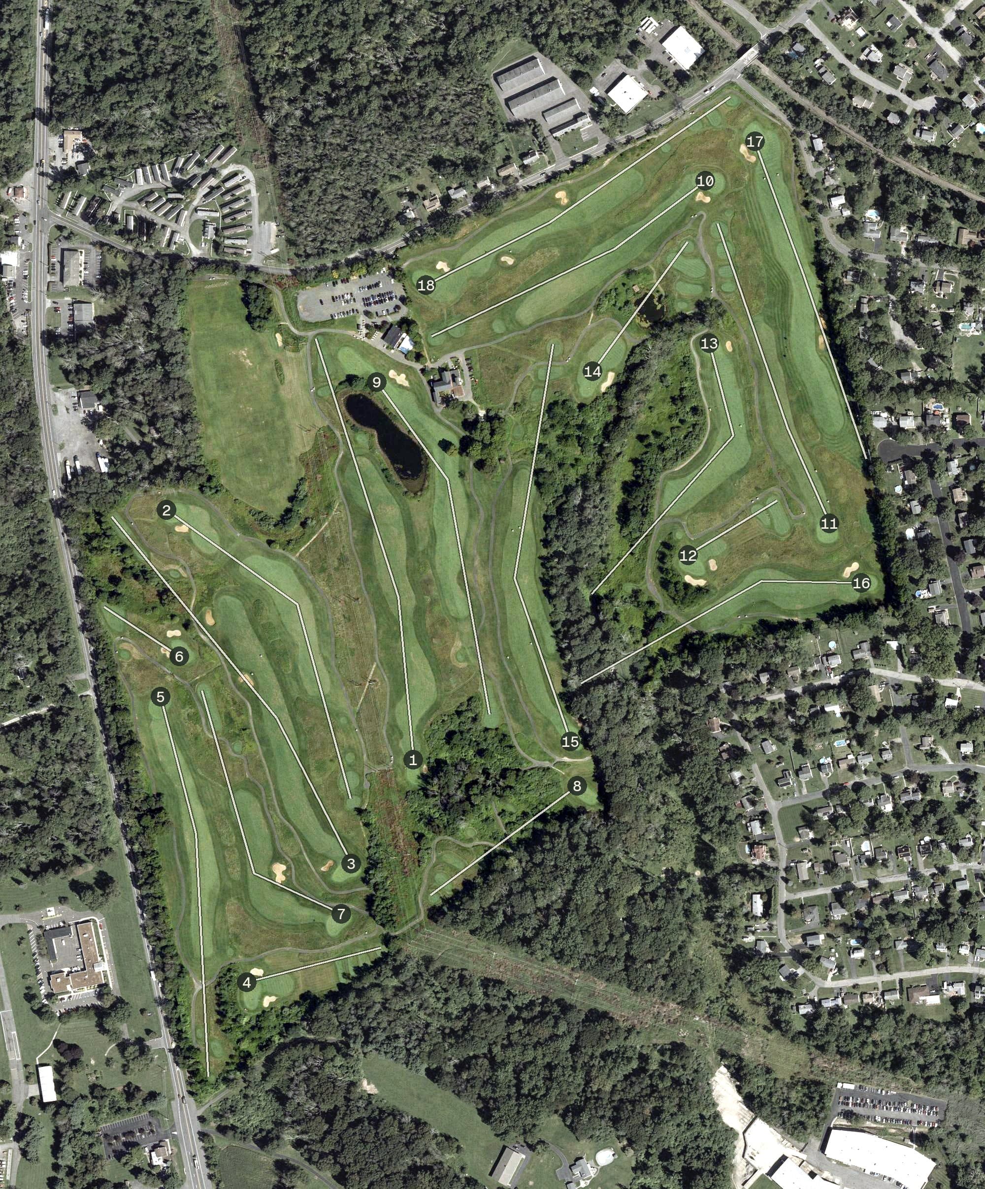 Aerial view of High Bridge Hills Golf Club, NJ, with its hole routing marked