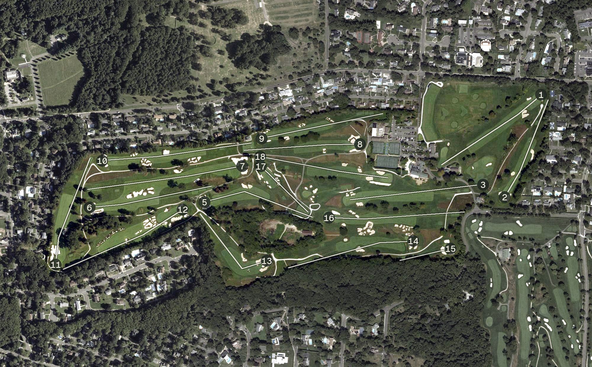 Aerial view of Hollywood Golf Club, NJ, with its hole routing marked