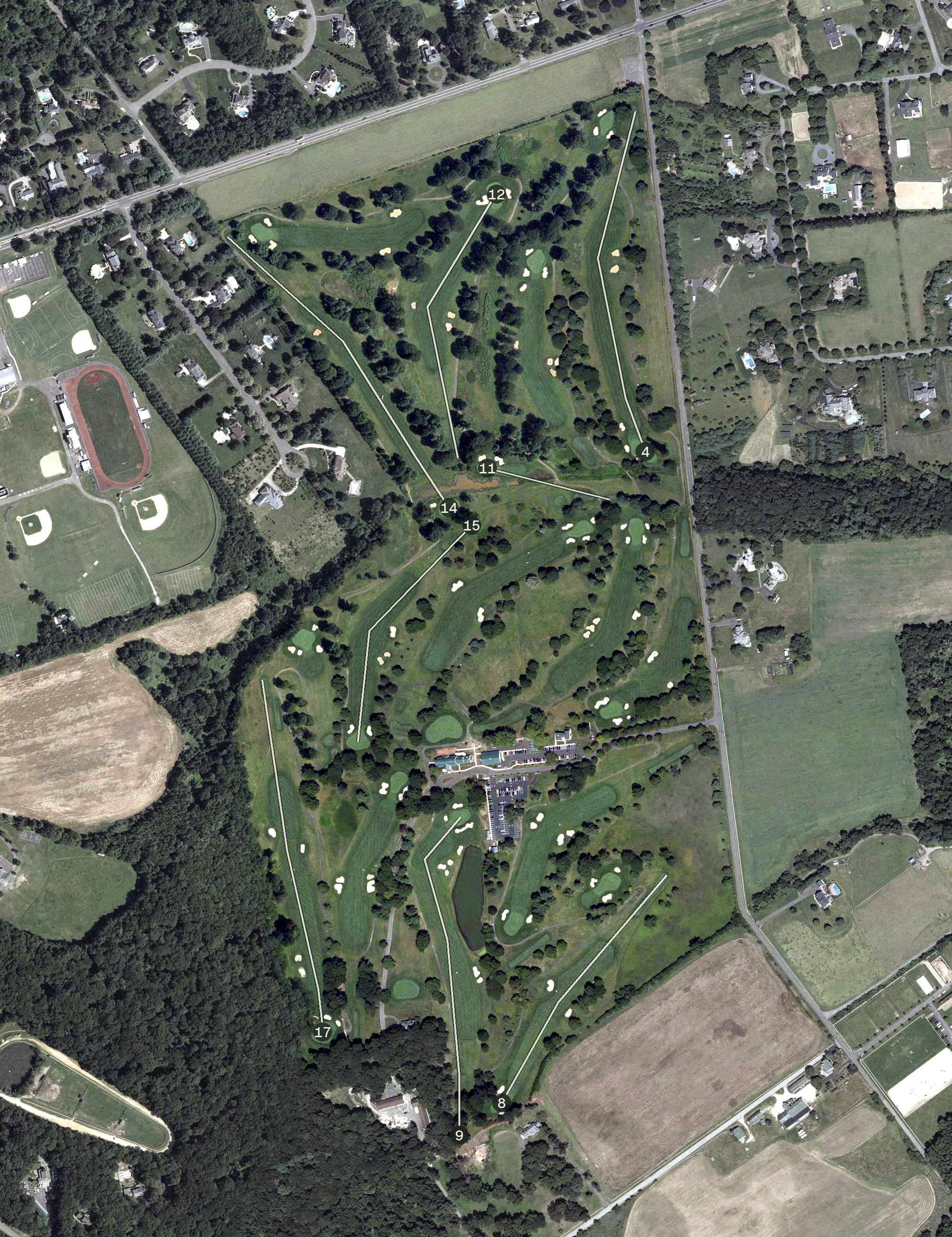 Aerial view of Hominy Hill Golf Course, NJ, with its hole routing marked
