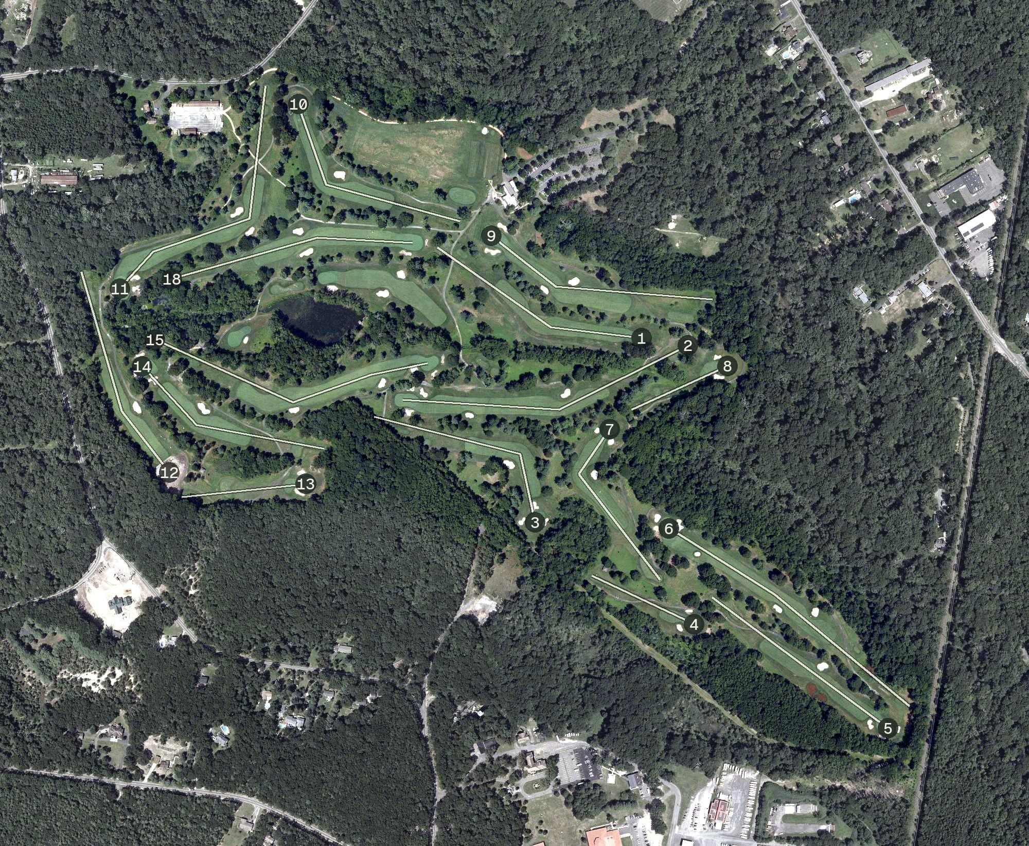 Aerial view of Howell Park Golf Course, NJ, with its hole routing marked