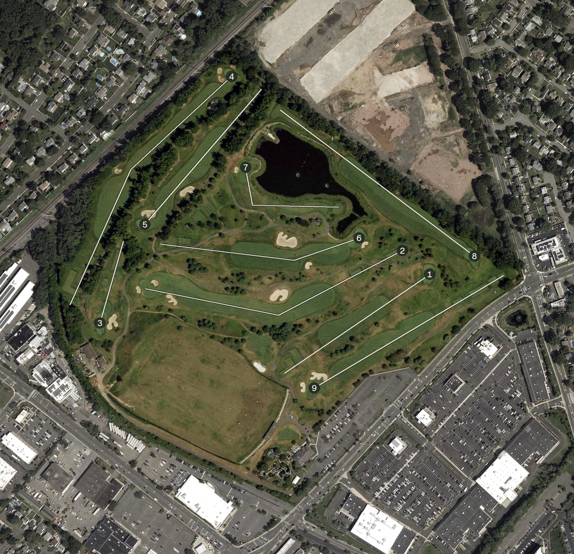 Aerial view of Hyatt Hills Golf Complex, NJ, with its hole routing marked