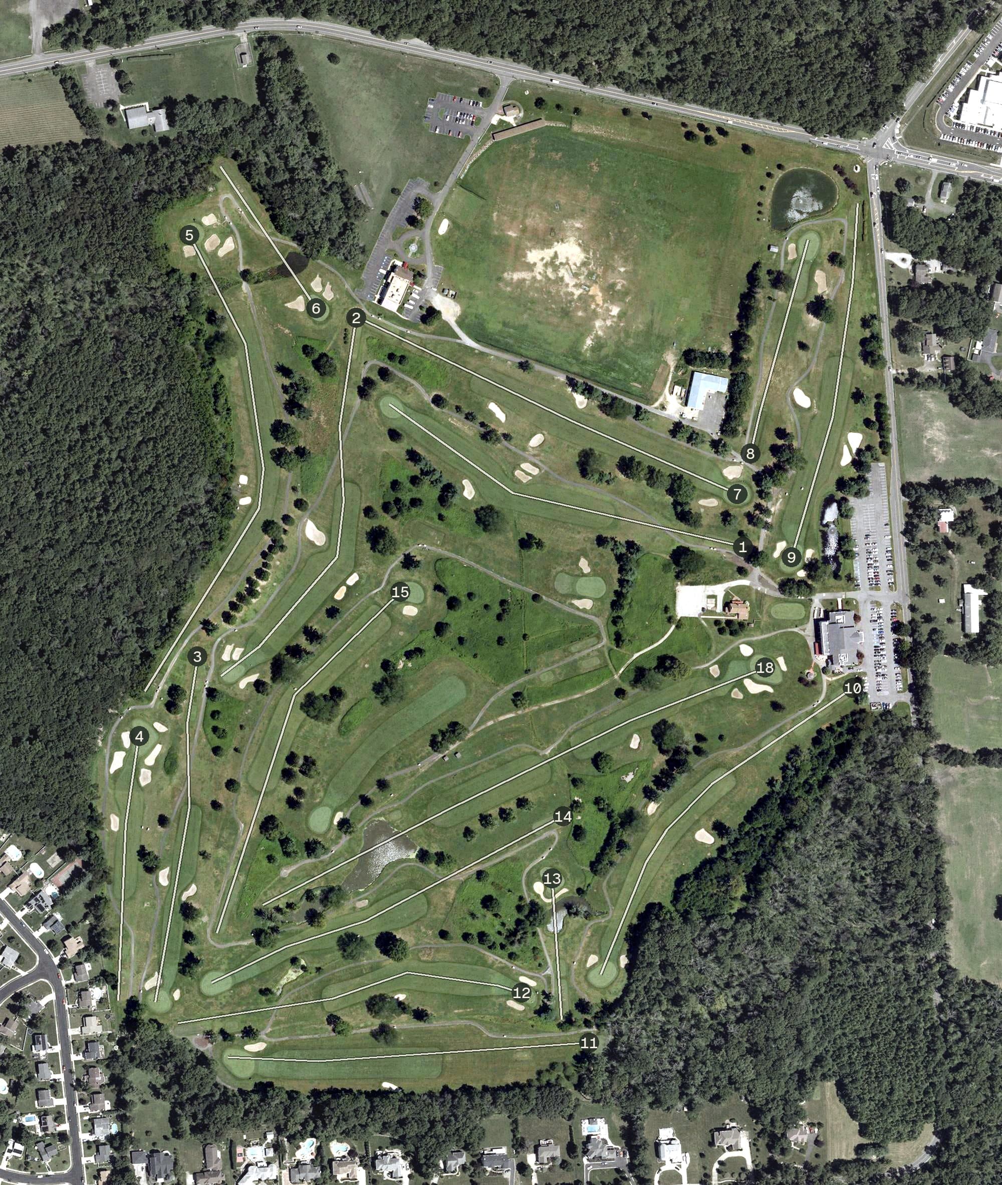 Aerial view of Indian Spring Country Club, NJ, with its hole routing marked