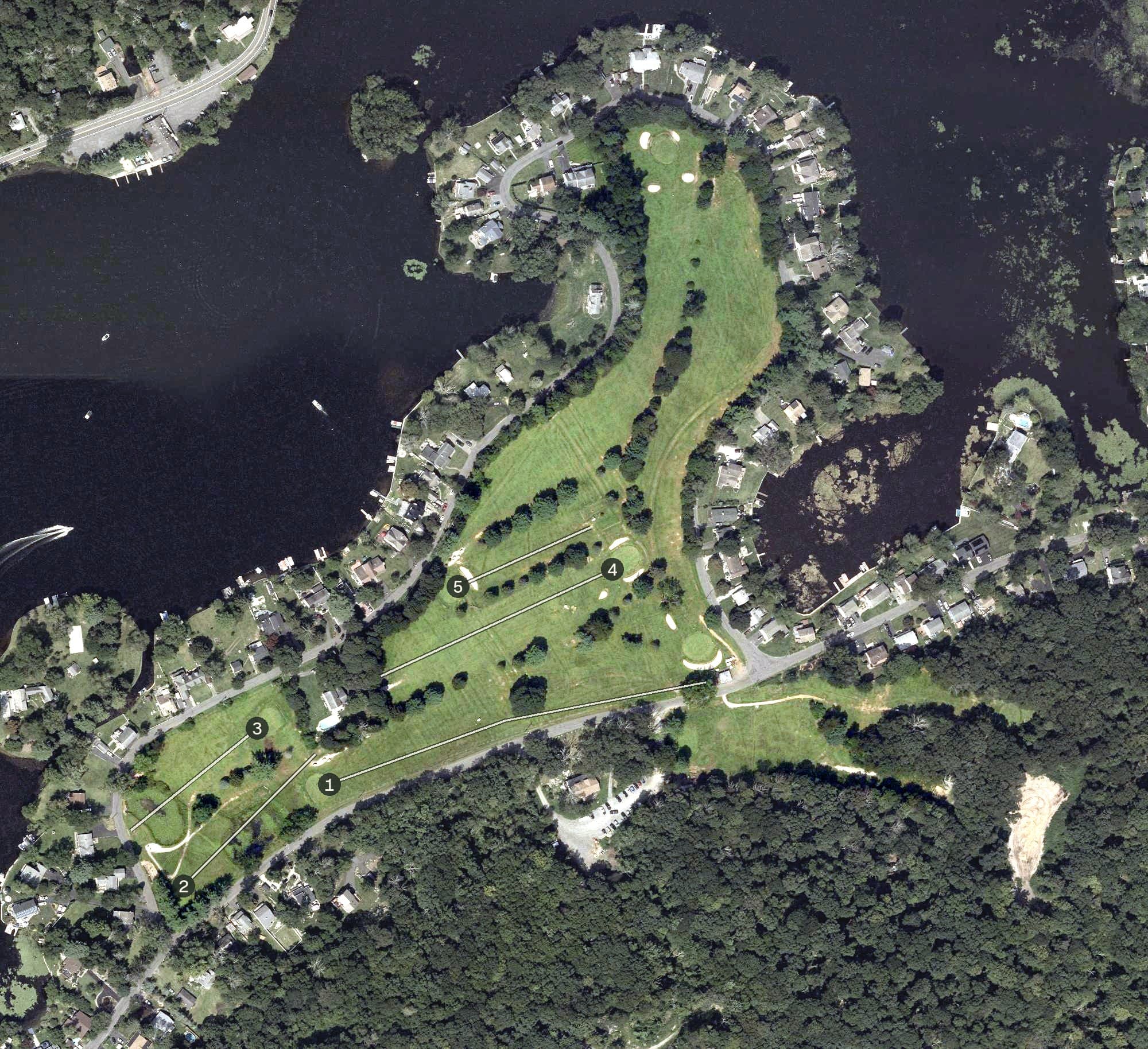 Aerial view of Lake Lackawanna Golf Course, NJ, with its hole routing marked