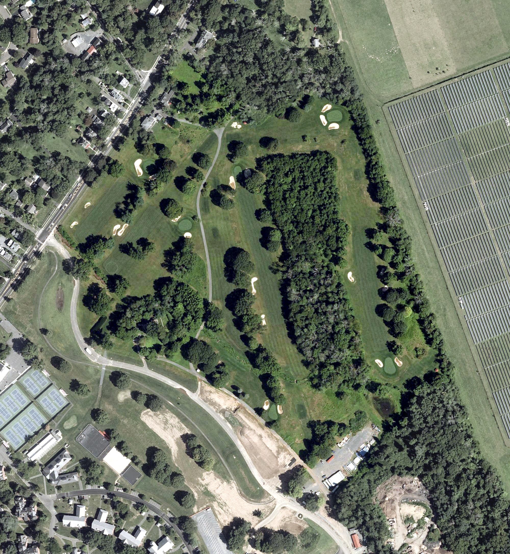 Aerial view of Lawrenceville School golf course, NJ, with its hole routing marked