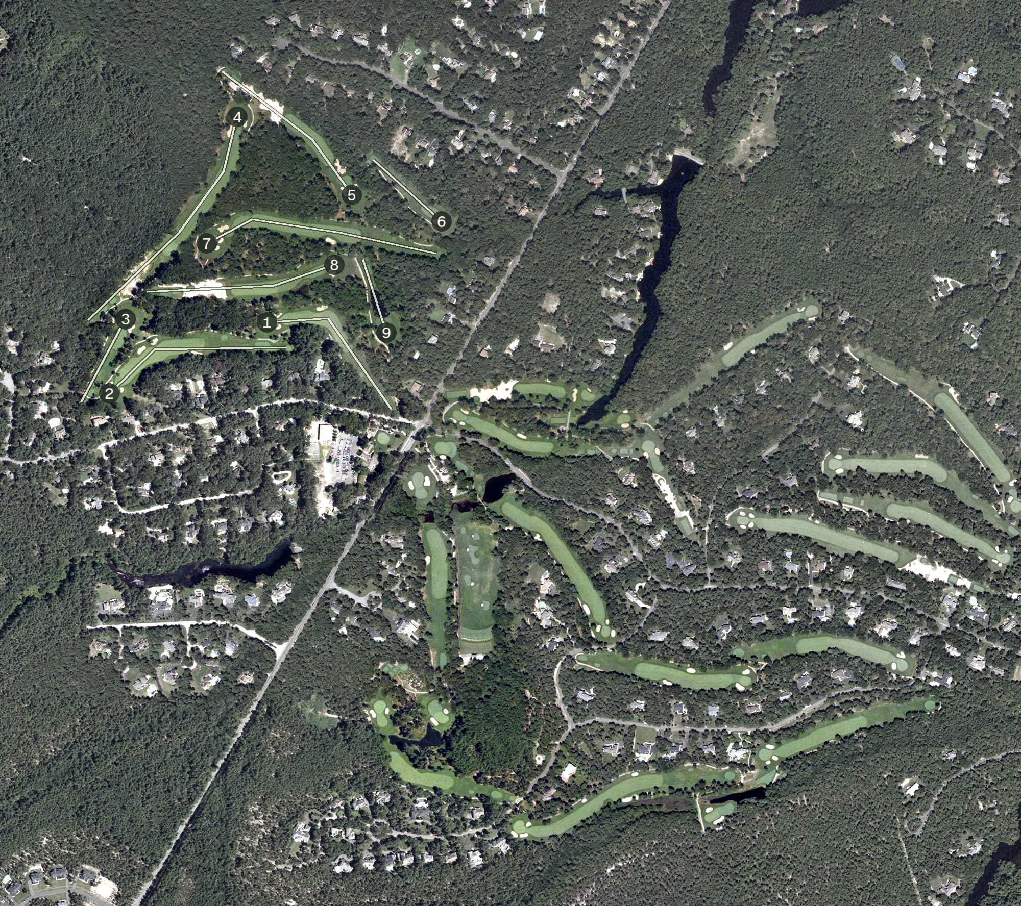 Aerial view of Little Mill Country Club, NJ, with its hole routing marked