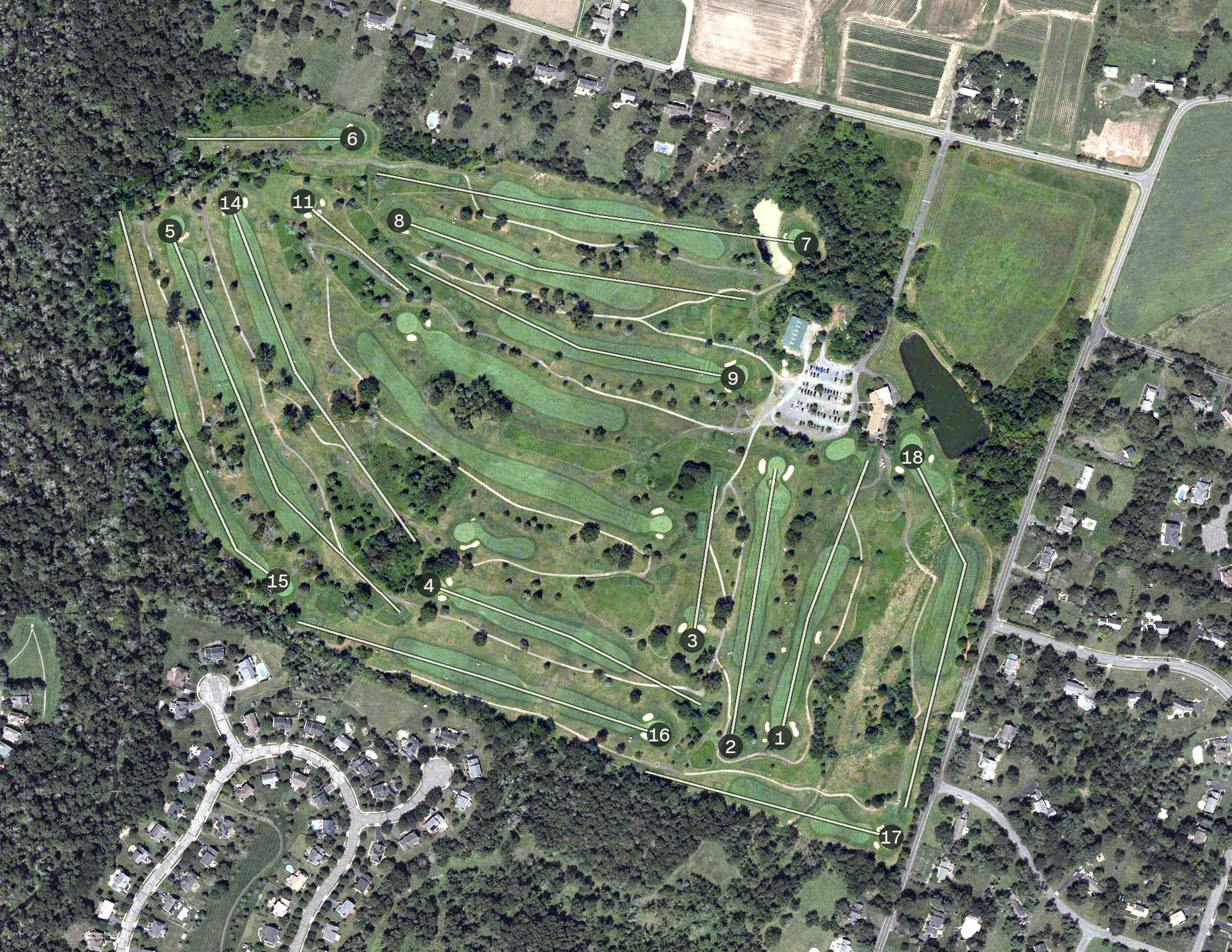 Aerial view of Mattawang Golf Club, NJ, with its hole routing marked