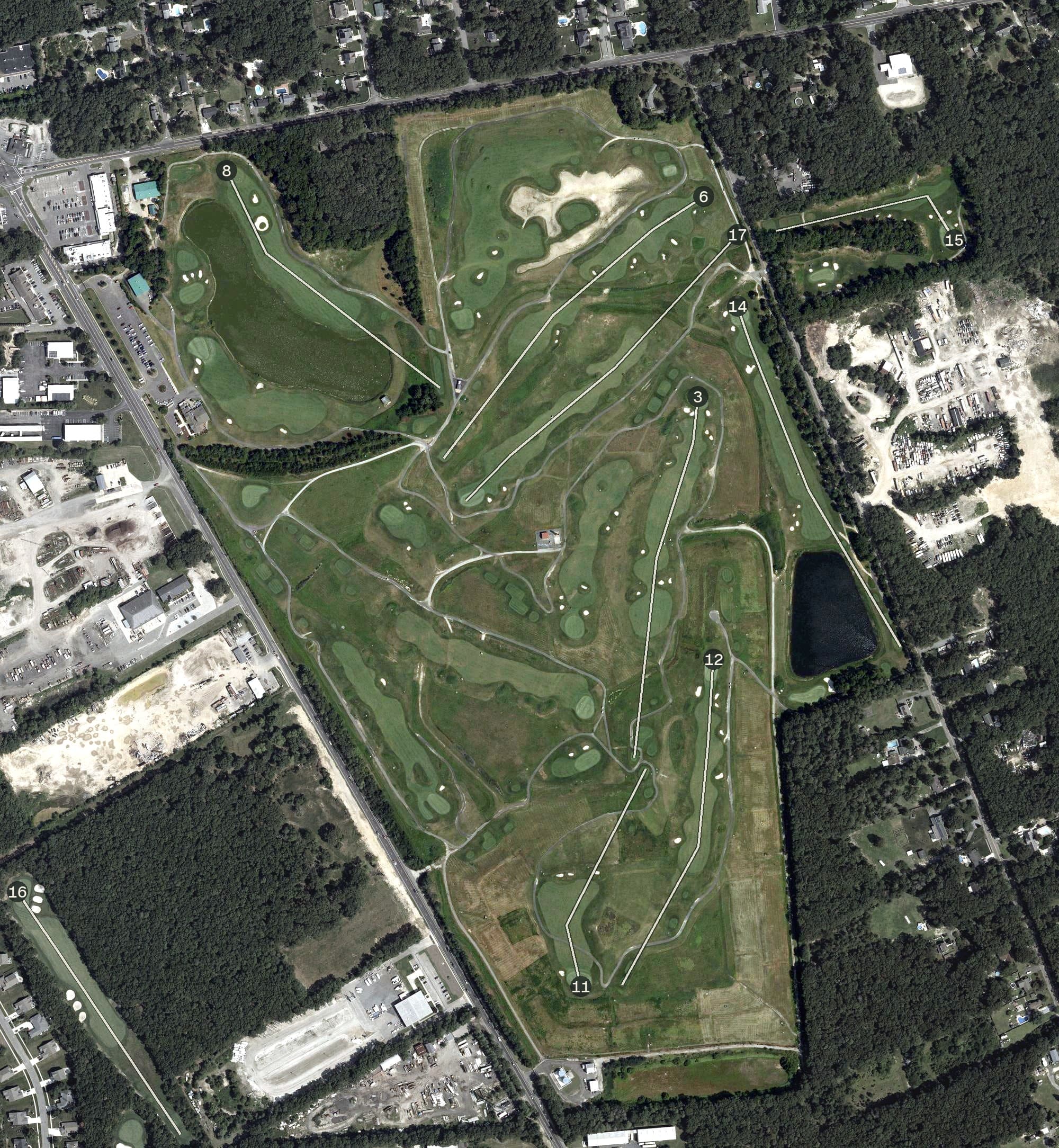 Aerial view of McCullough's Emerald Golf Links, NJ, with its hole routing marked