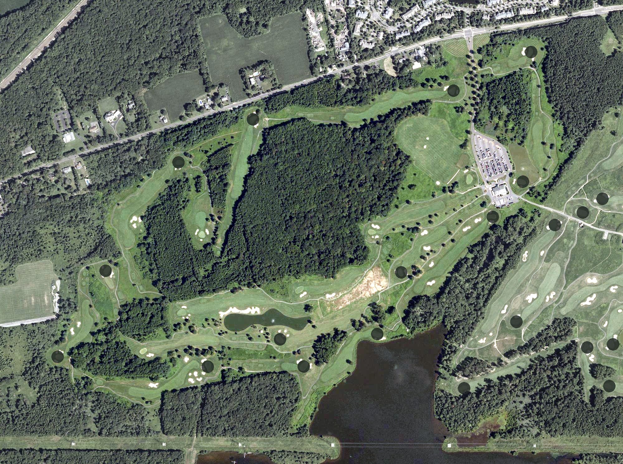 Aerial view of Mercer Oaks Golf Course, NJ, with its hole routing marked