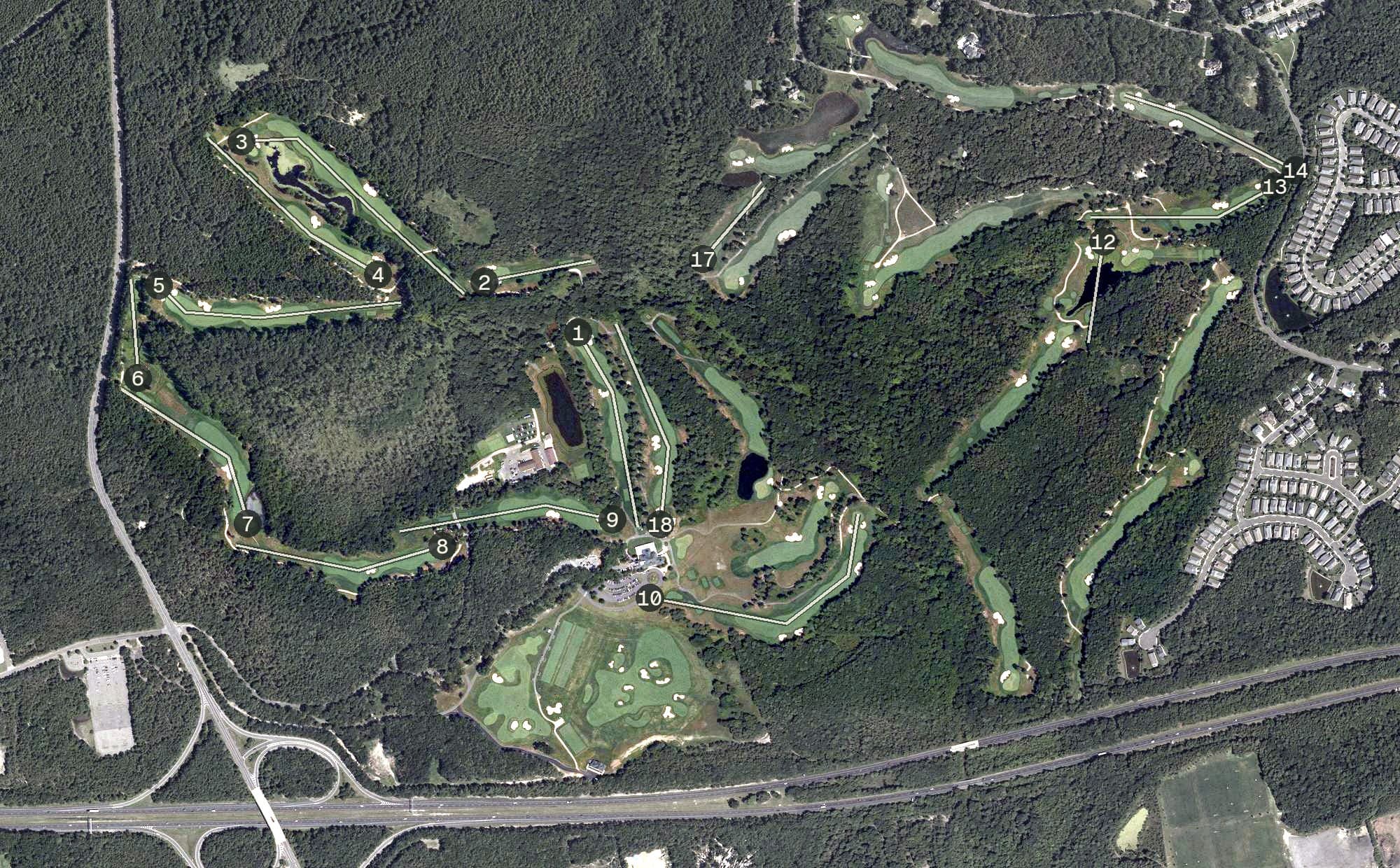 Aerial view of Metedeconk National Golf Club, NJ, with its hole routing marked