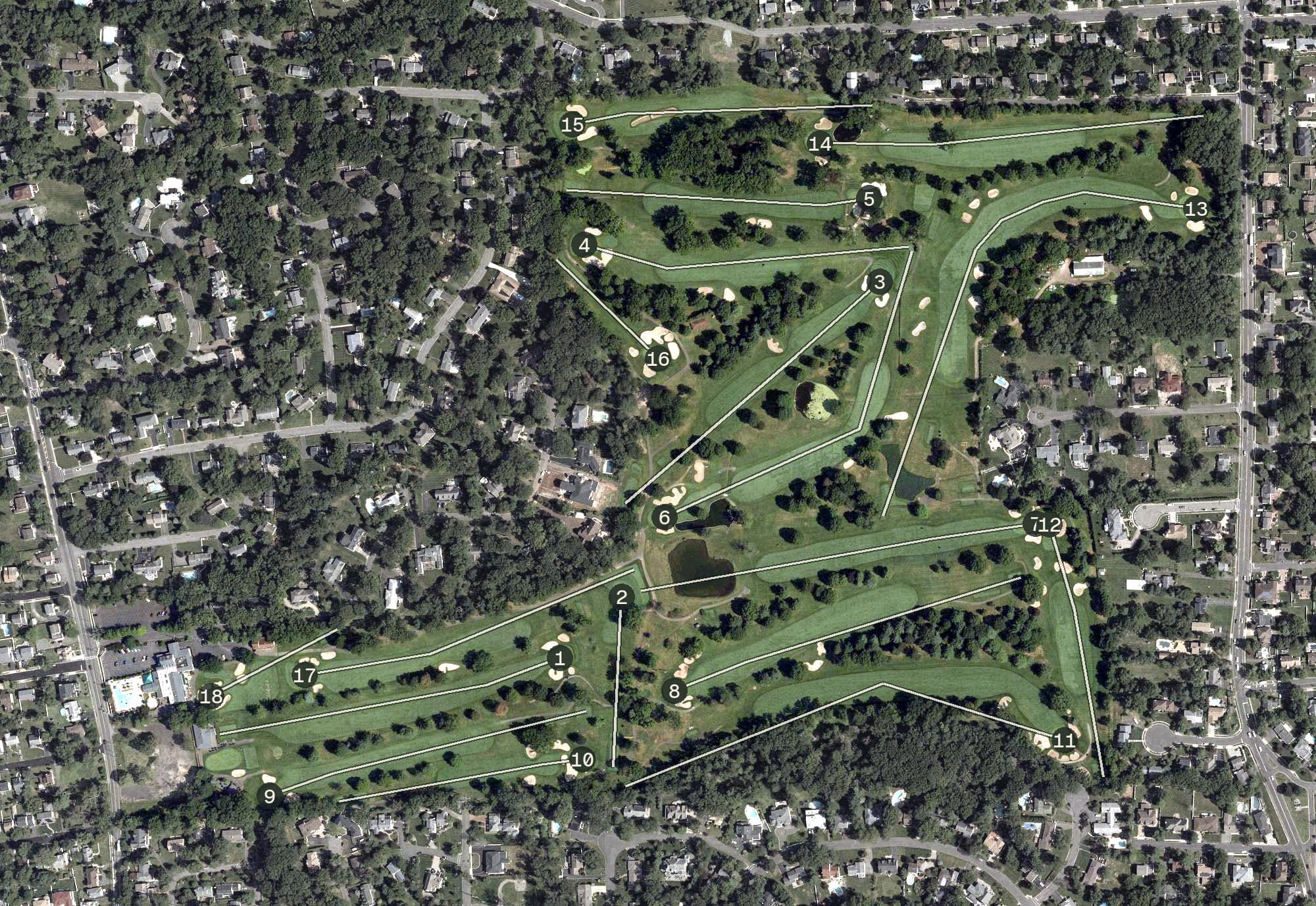 Aerial view of Metuchen Golf and Country Club, NJ, with its hole routing marked