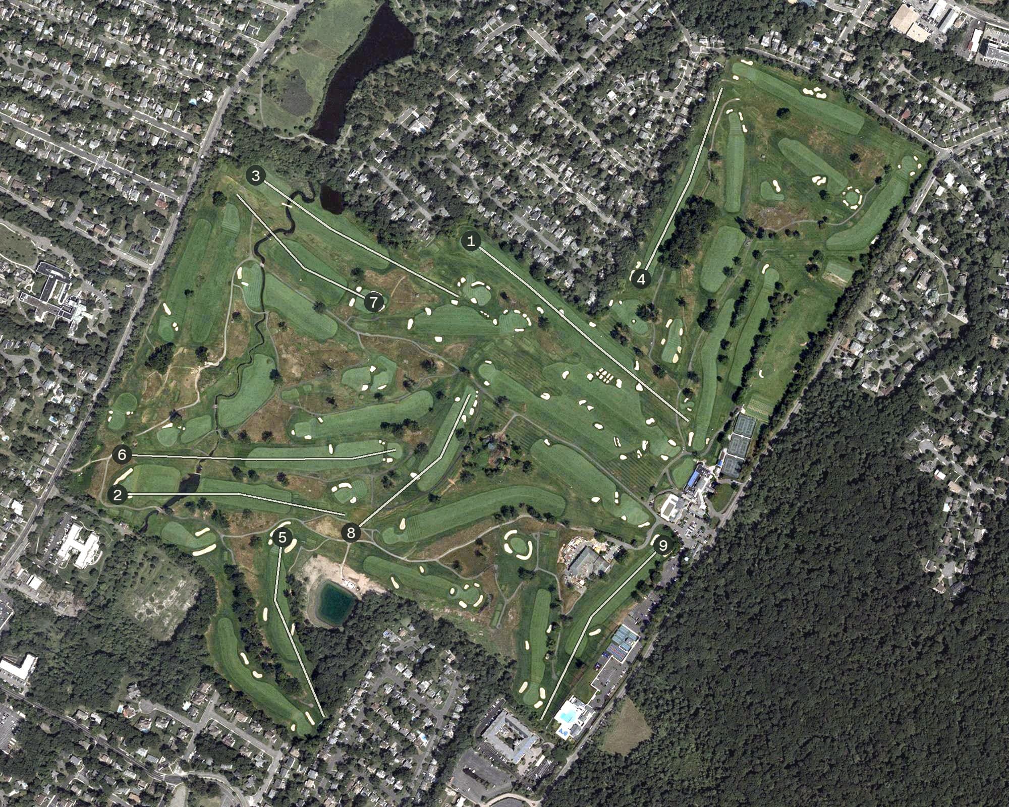 Aerial view of Montclair Golf Club, NJ, with its hole routing marked