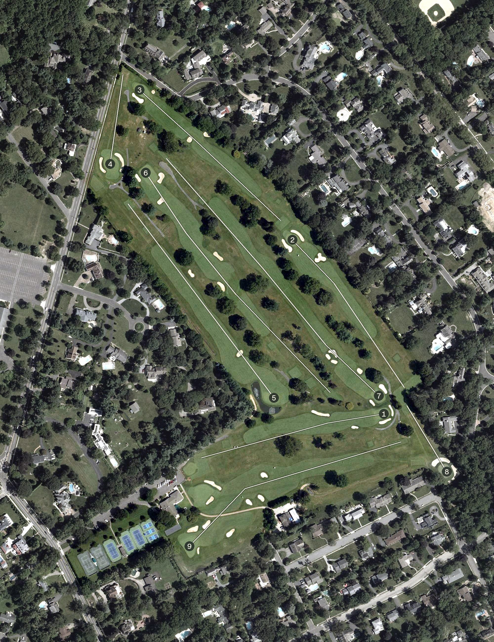Aerial view of Moorestown Field Club, NJ, with its hole routing marked