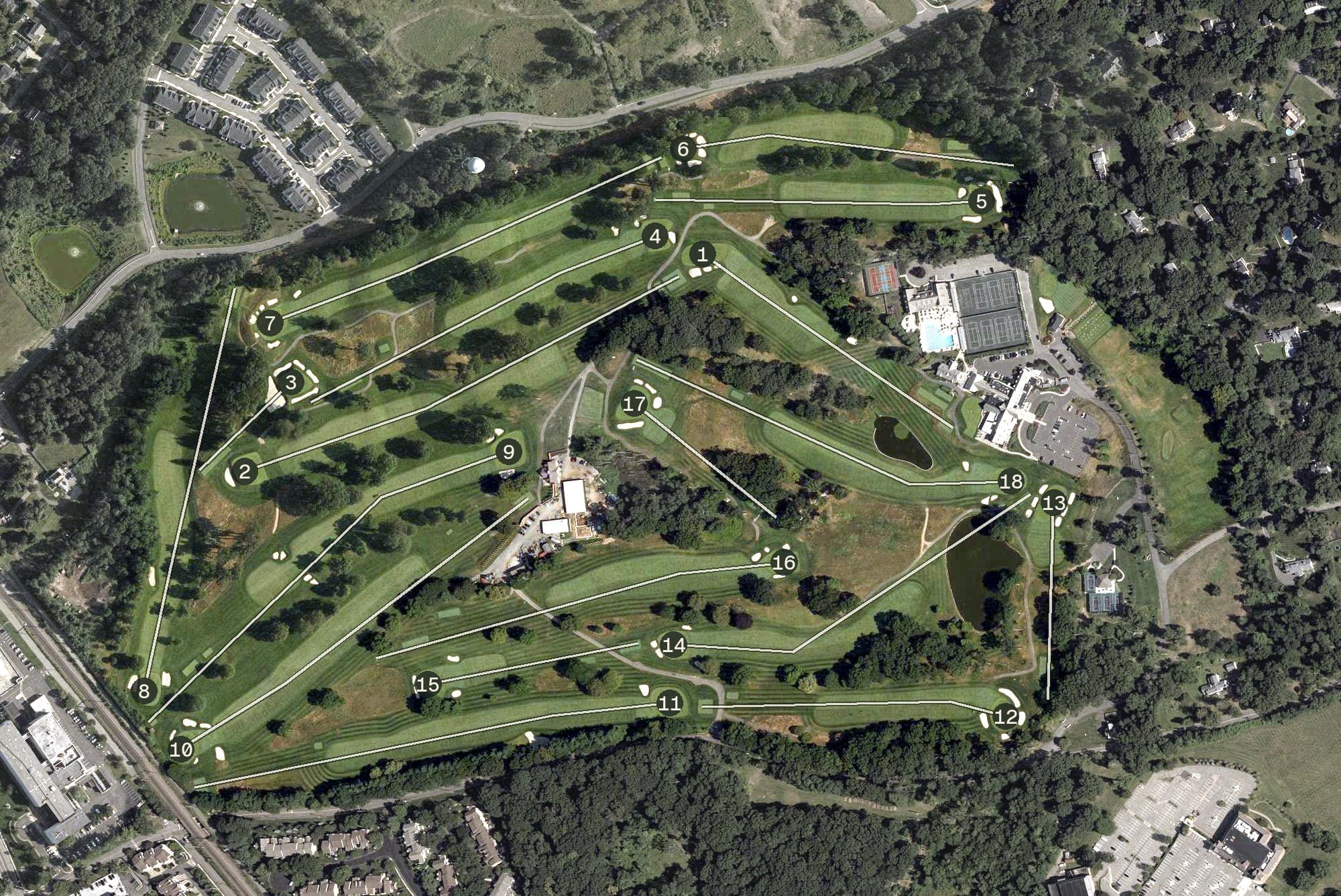 Aerial view of Morris County Golf Course, NJ, with its hole routing marked