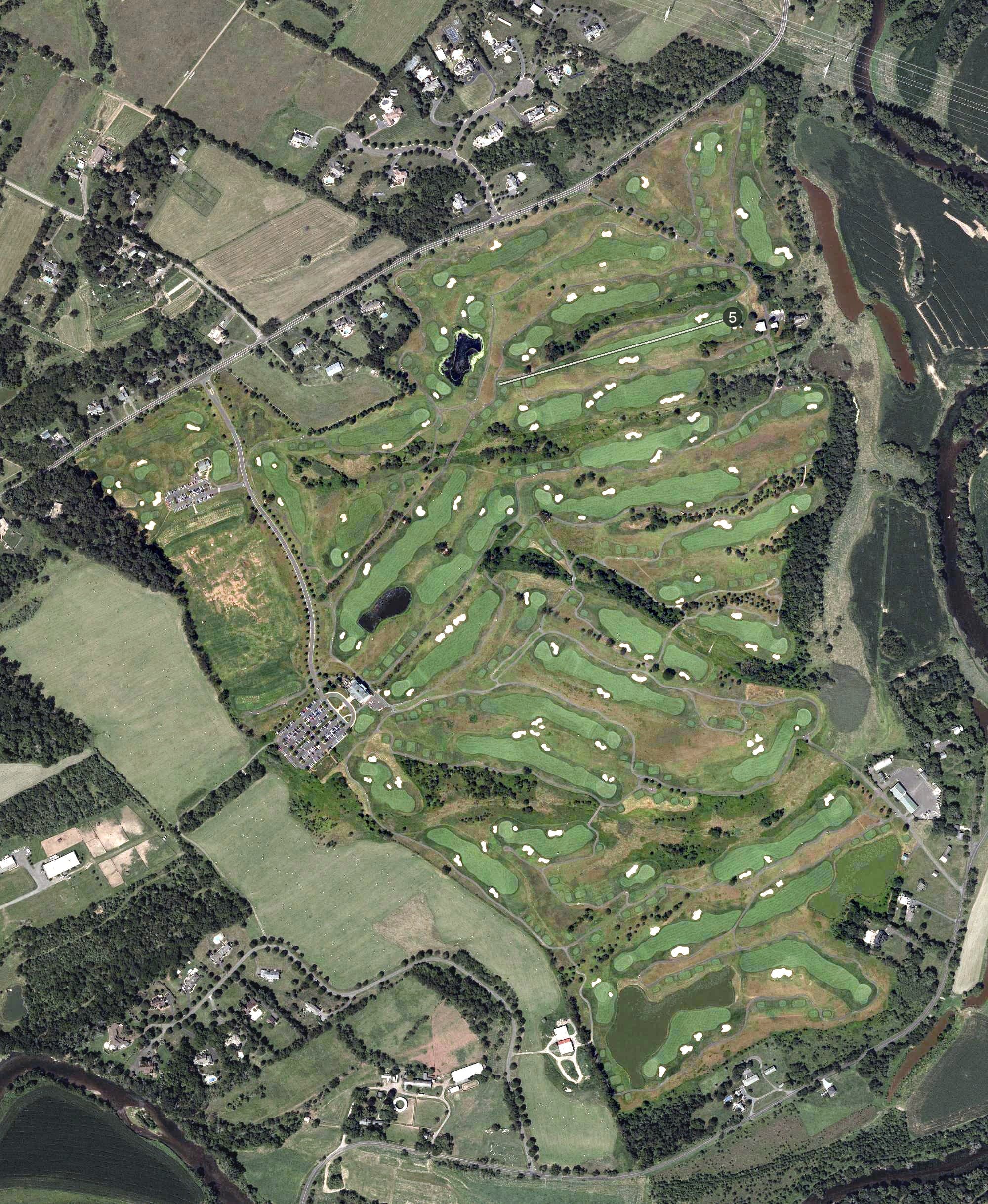Aerial view of Neshanic Valley Golf Course, NJ, with its hole routing marked