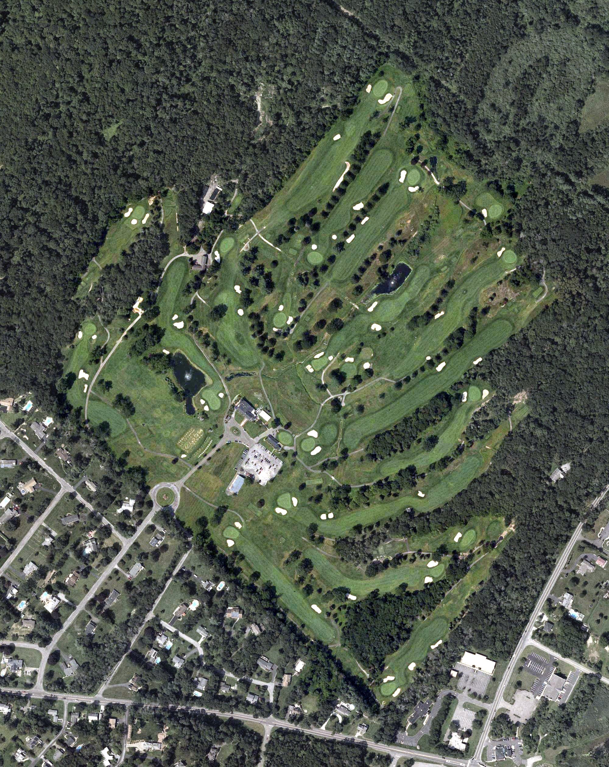 Aerial view of Newton Country Club, NJ, with its hole routing marked