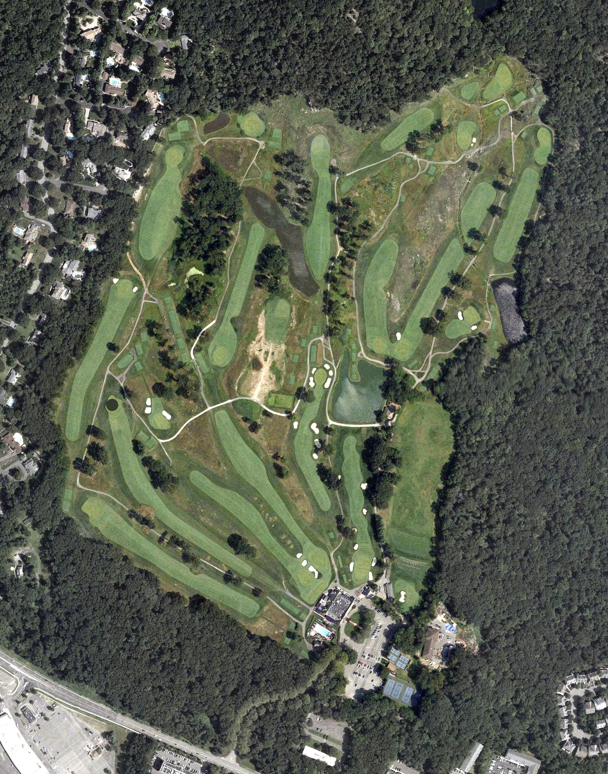 Aerial view of North Jersey Country Club, NJ, with its hole routing marked