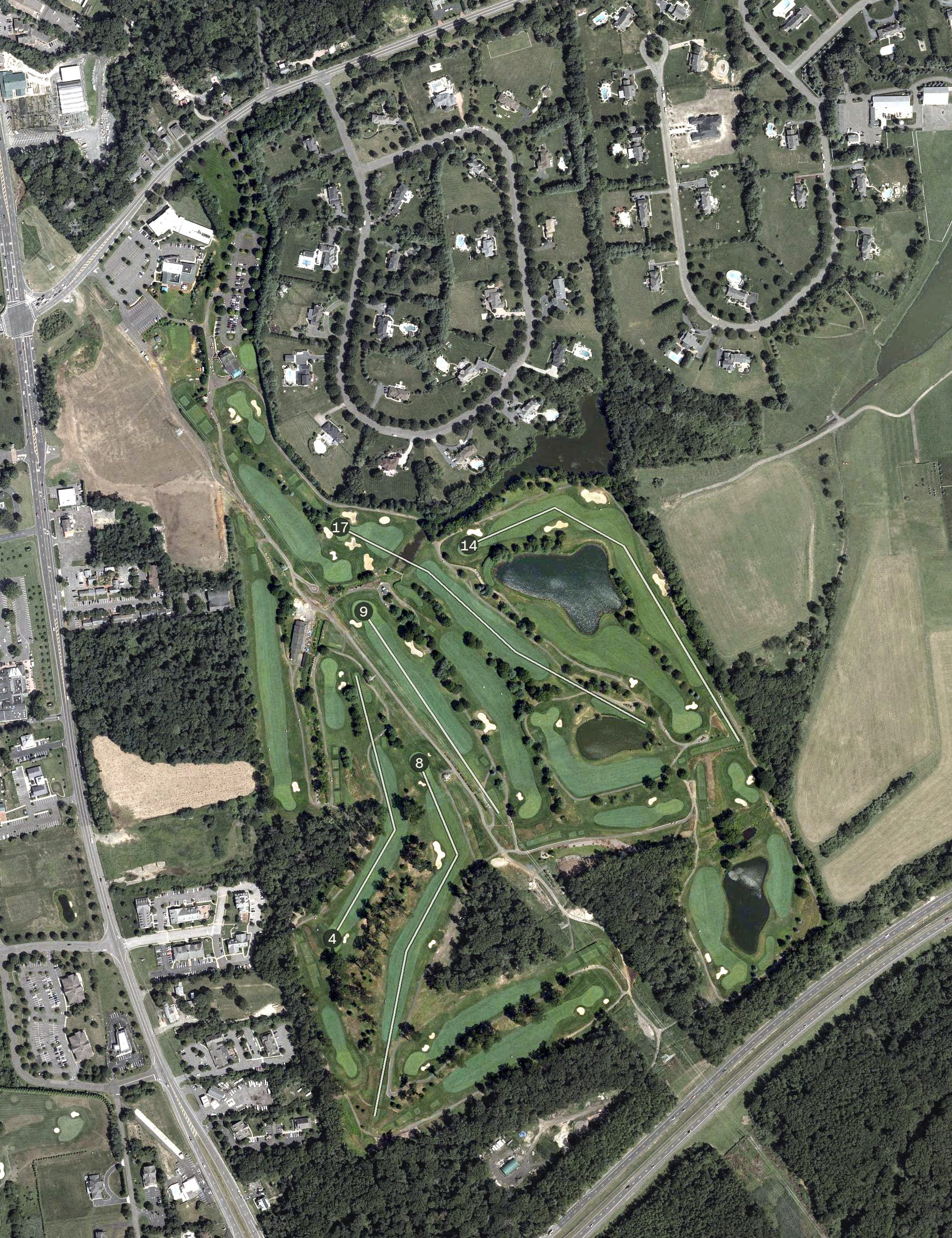 Aerial view of Pebble Creek Golf Club, NJ, with its hole routing marked