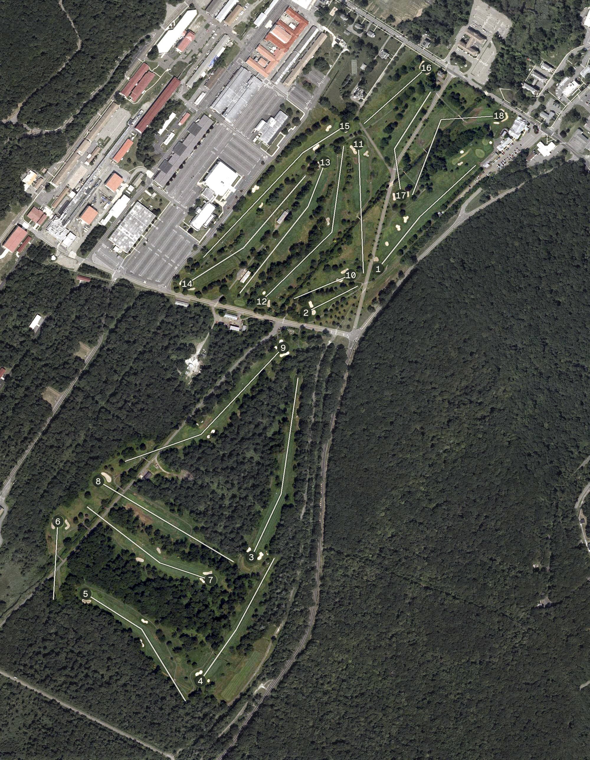 Aerial view of Picatinny Arsenal Golf Course, NJ, with its hole routing marked