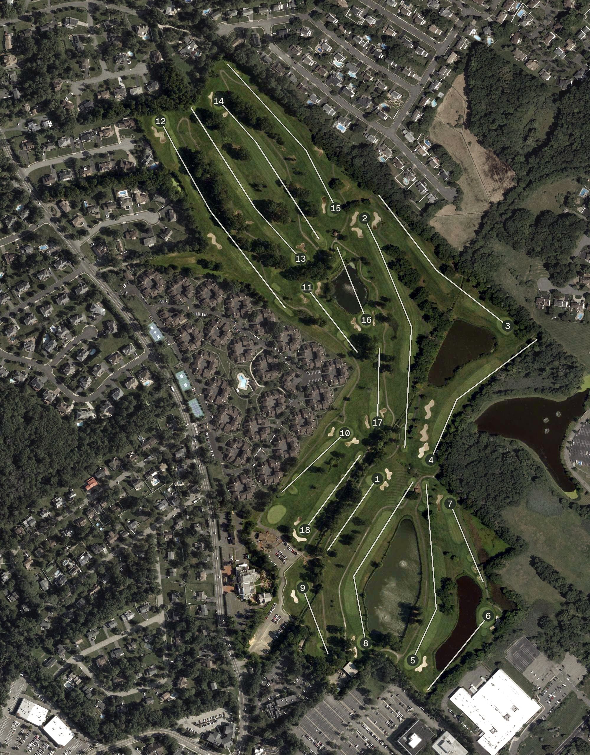 Aerial view of Pinchbrook Golf Course, NJ, with its hole routing marked
