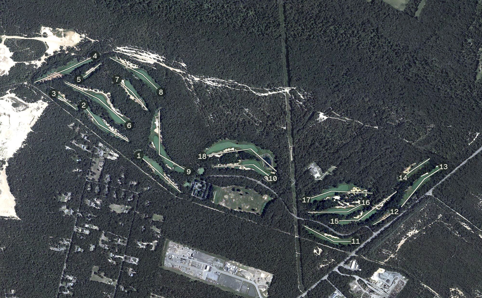 Aerial view of Pine Barrens Golf Club, NJ, with its hole routing marked