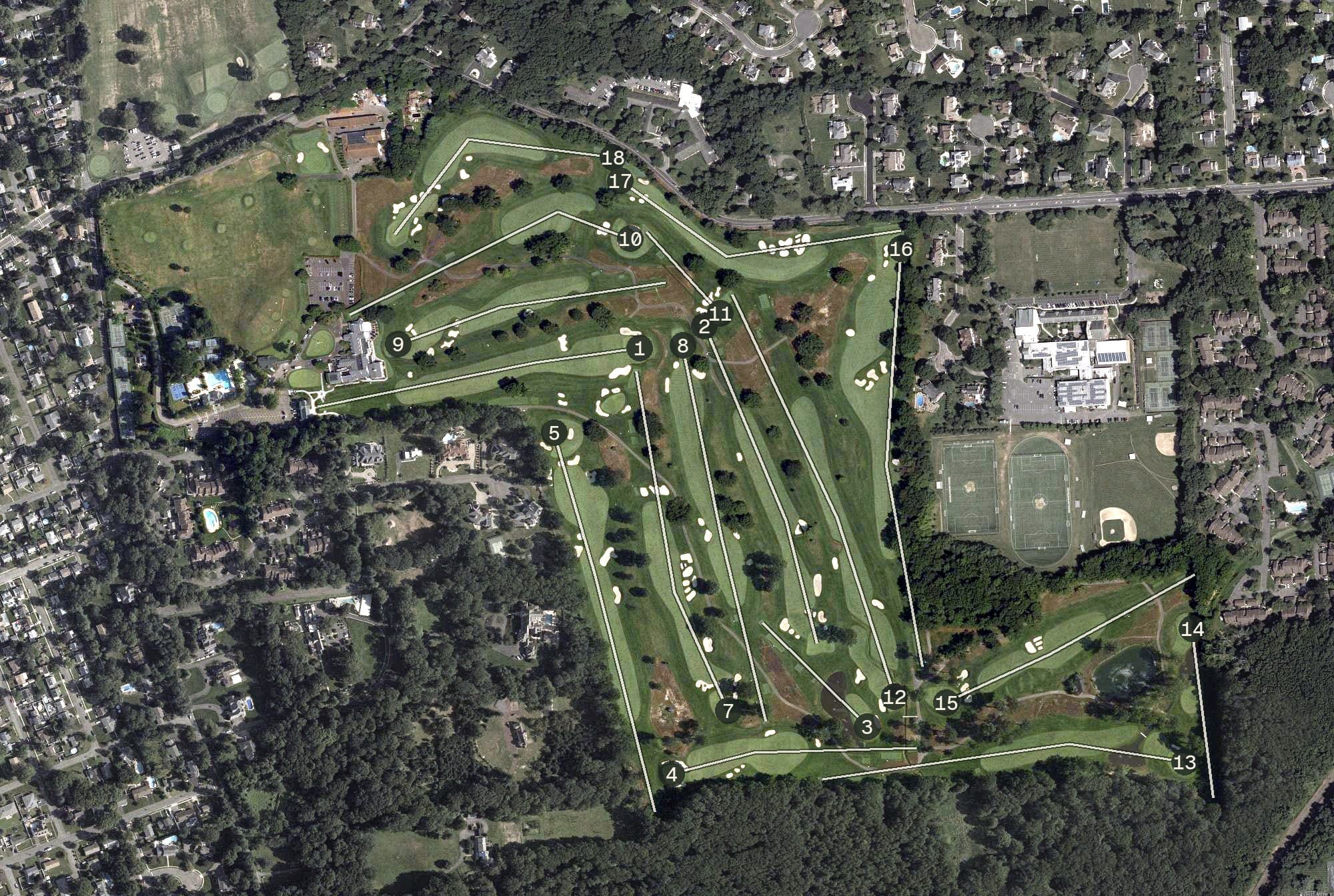 Aerial view of Plainfield Country Club, NJ, with its hole routing marked