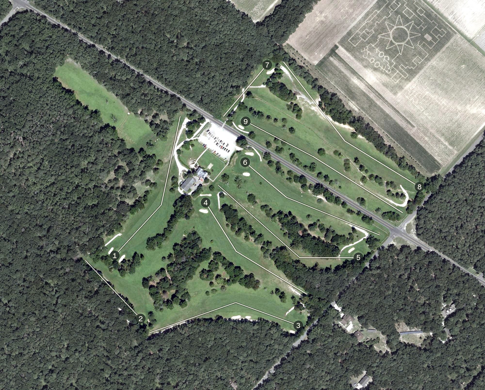 Aerial view of Pomona Golf Club, NJ, with its hole routing marked