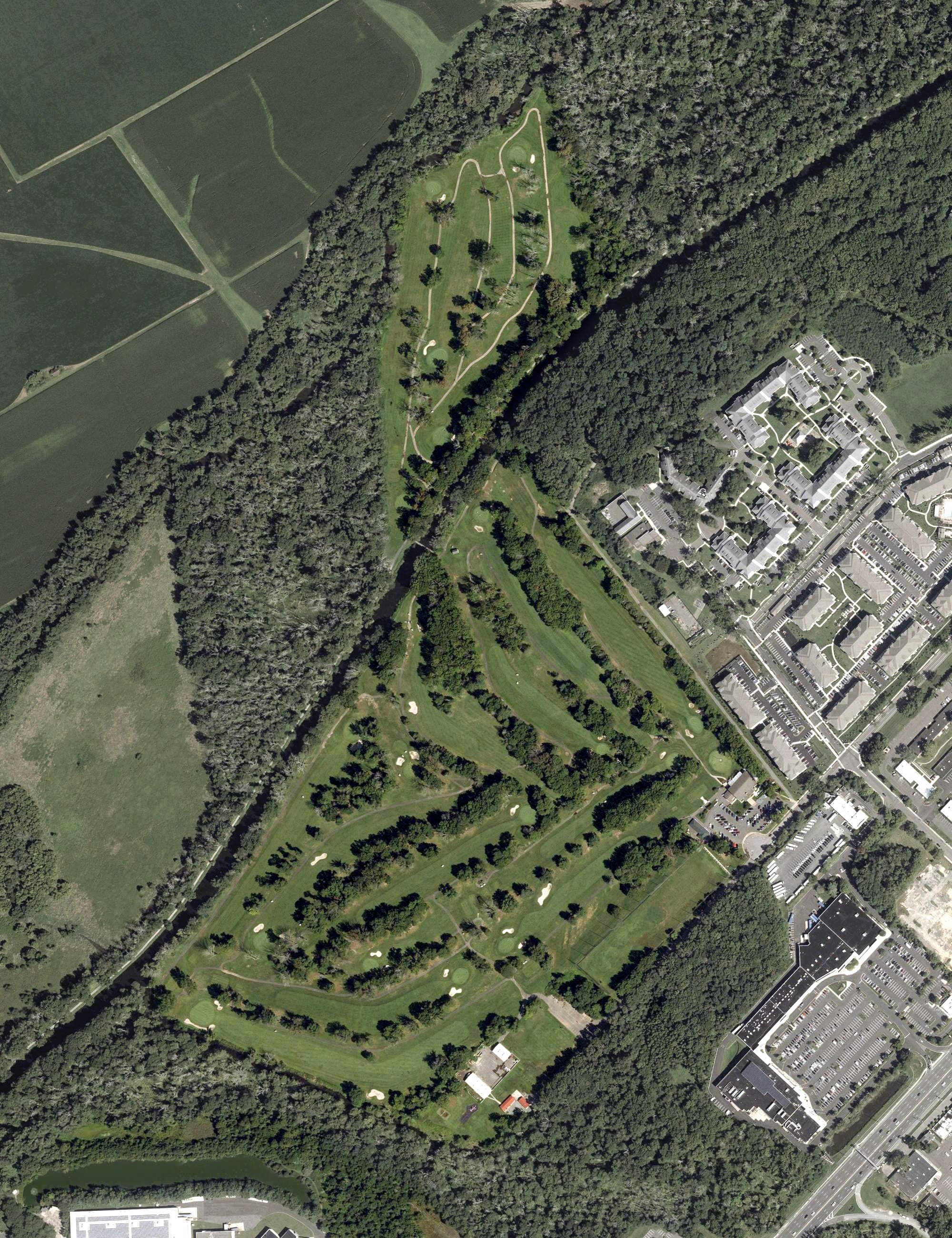 Aerial view of Princeton Country Club, NJ, with its hole routing marked