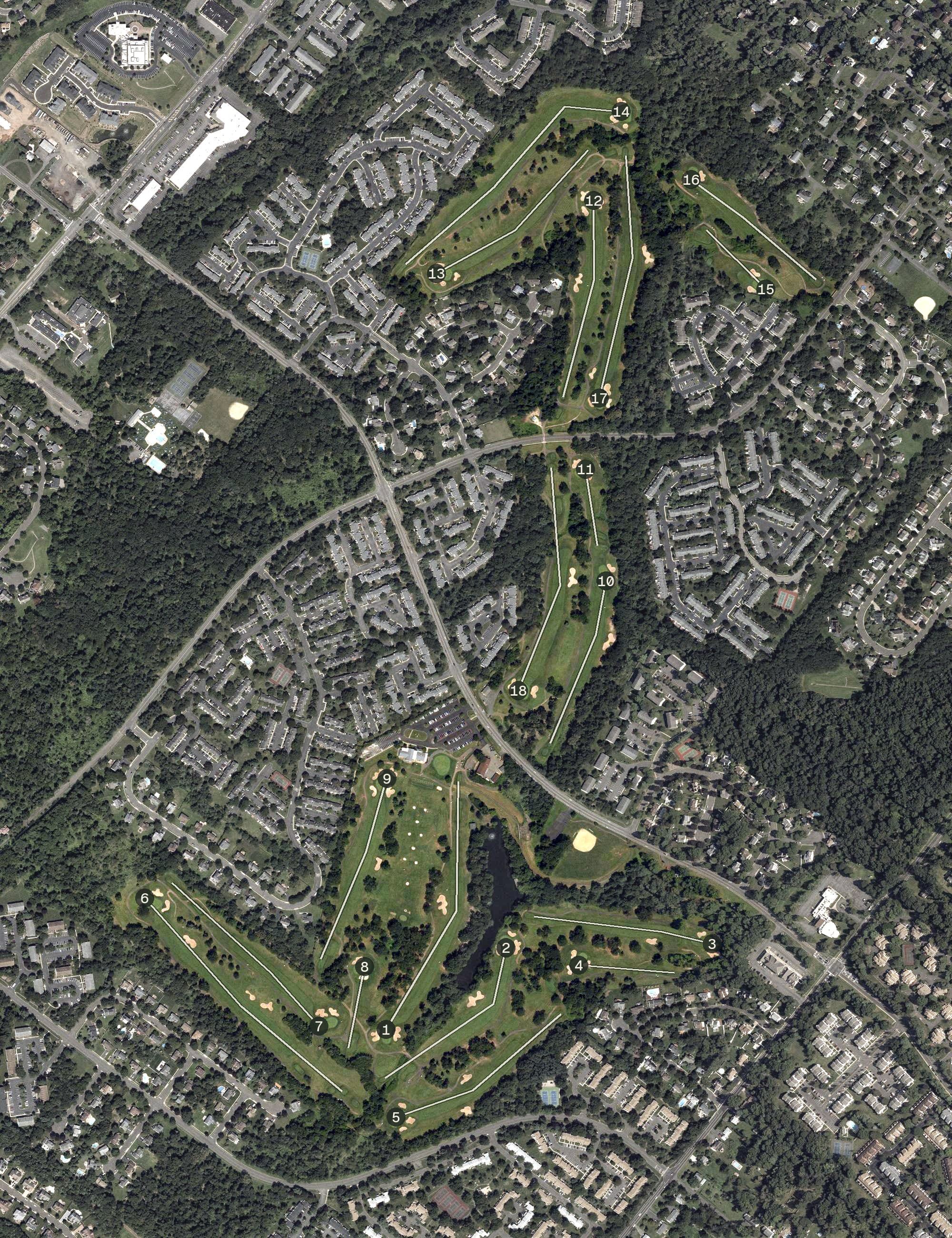 Aerial view of Quail Brook Golf Course, NJ, with its hole routing marked