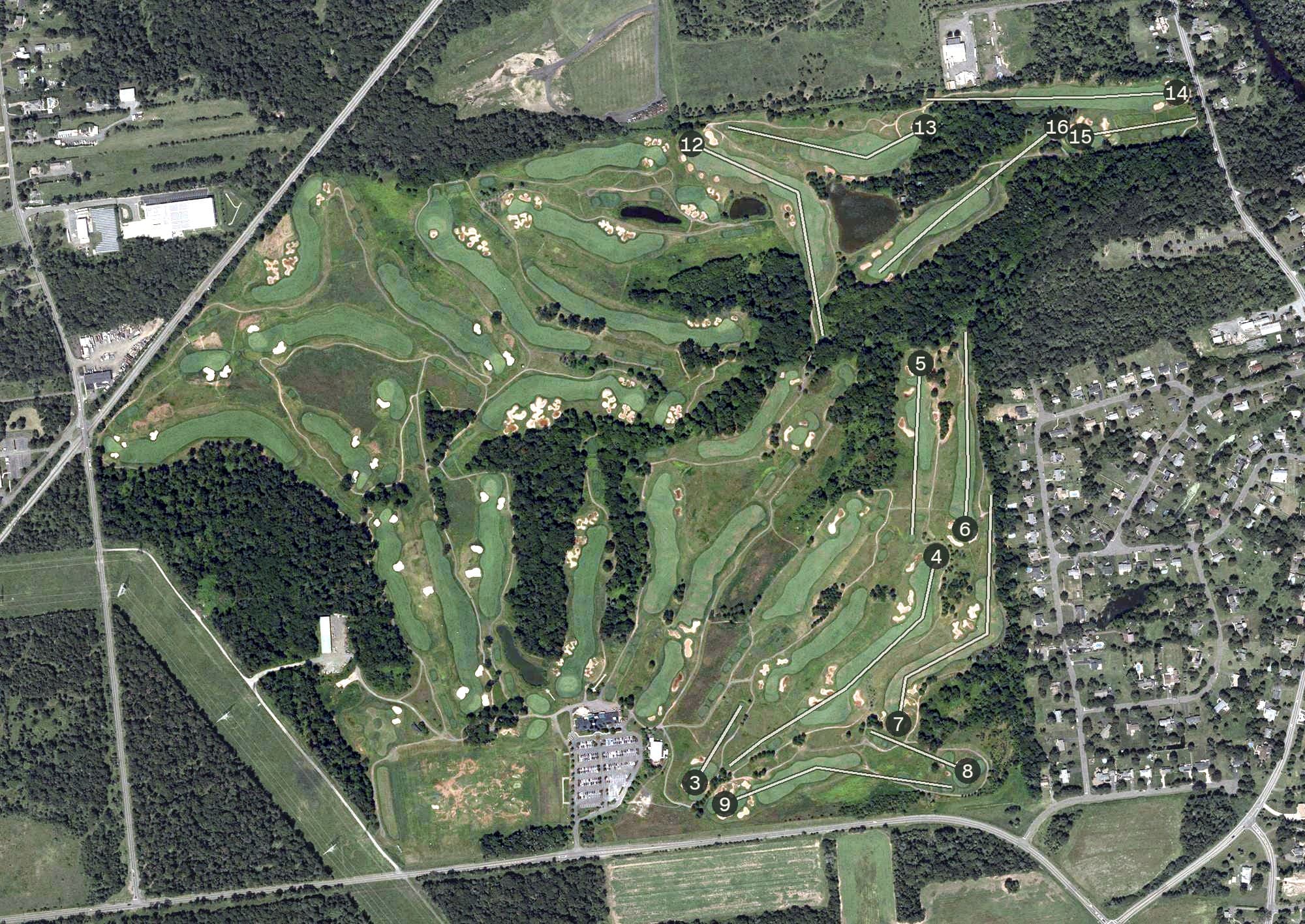 Aerial view of Royce Brook Golf Club (East Course), NJ, with its hole routing marked