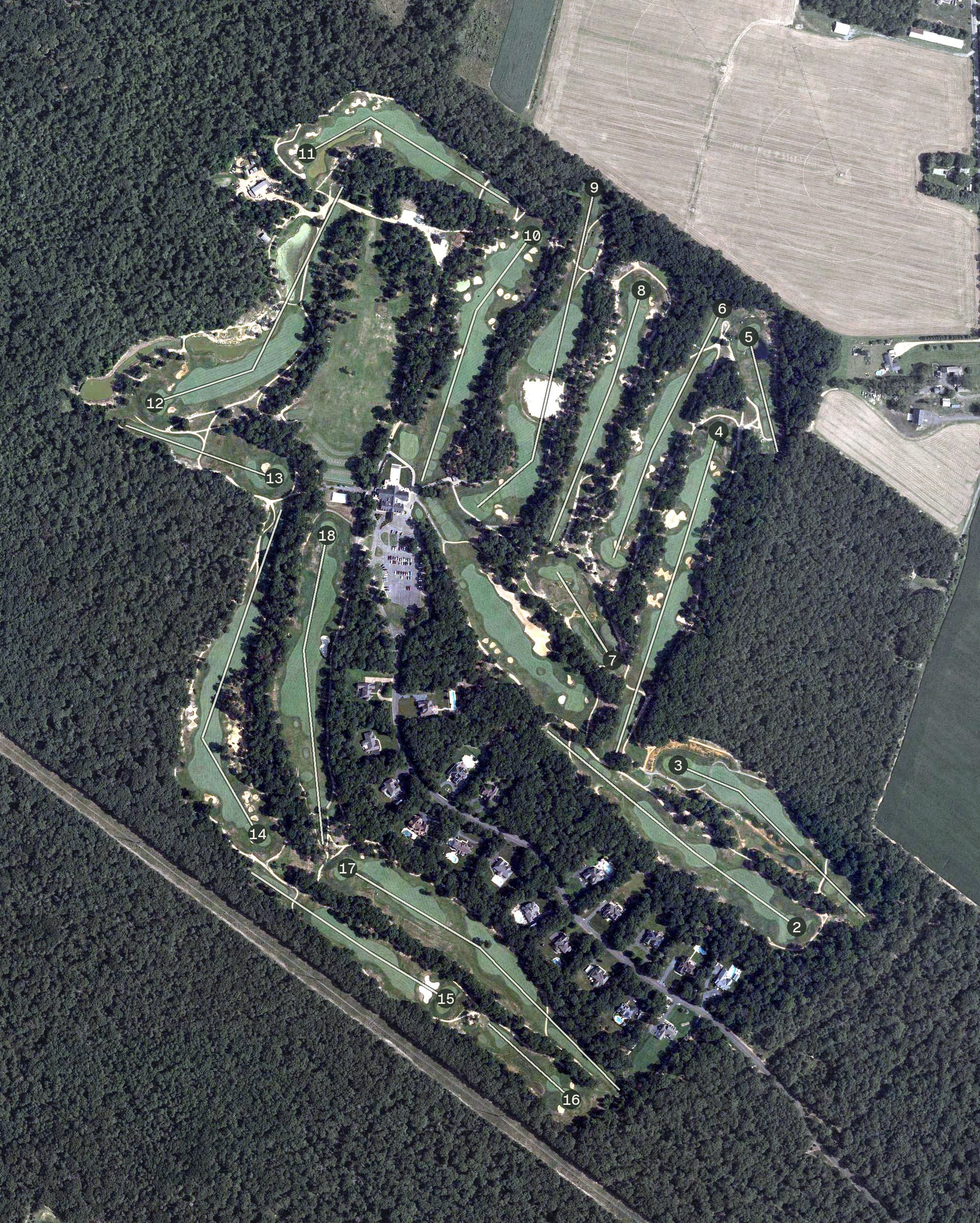Aerial view of Running Deer Golf Club, NJ, with its hole routing marked