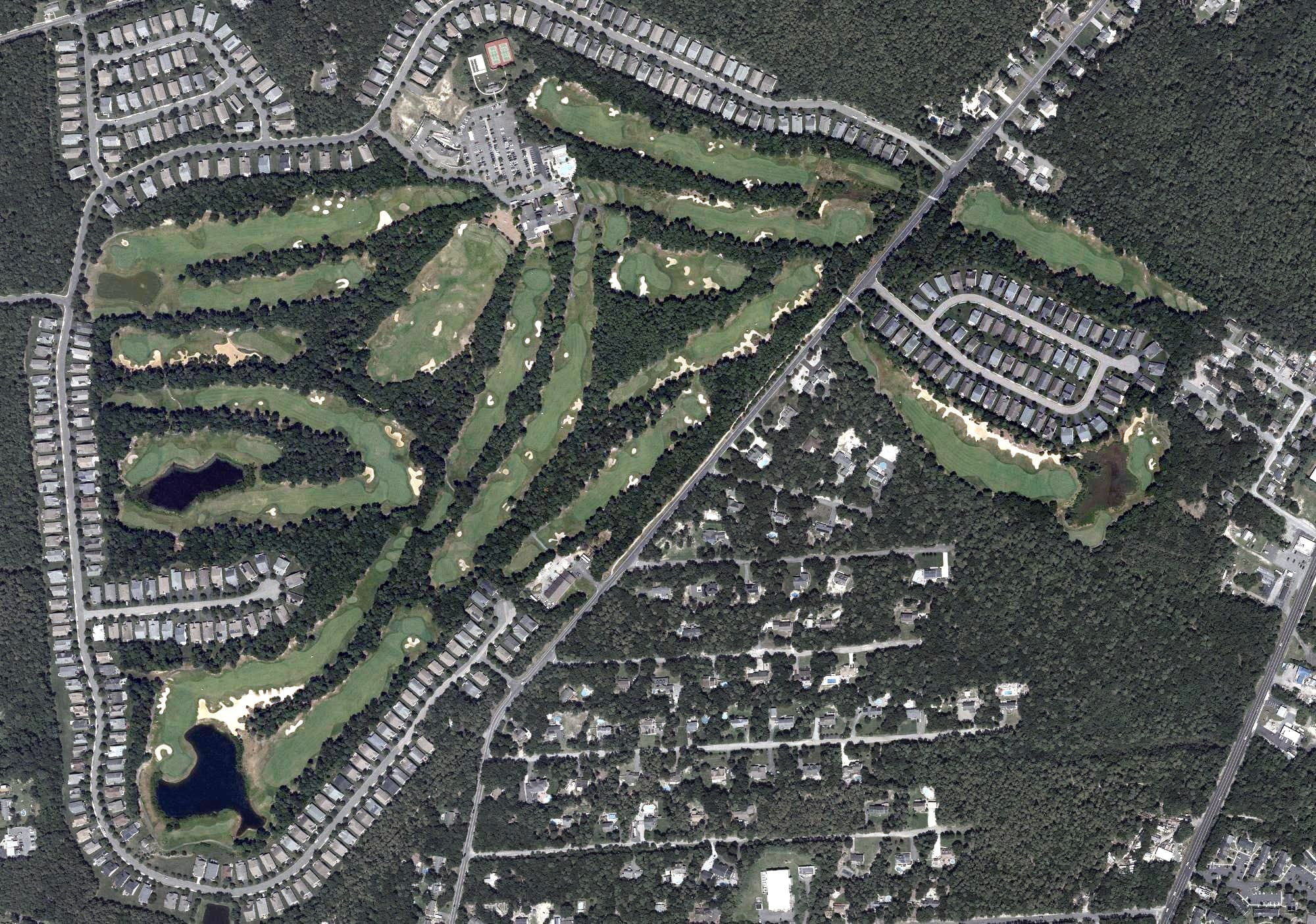 Aerial view of Sea Oaks Golf Club, NJ, with its hole routing marked