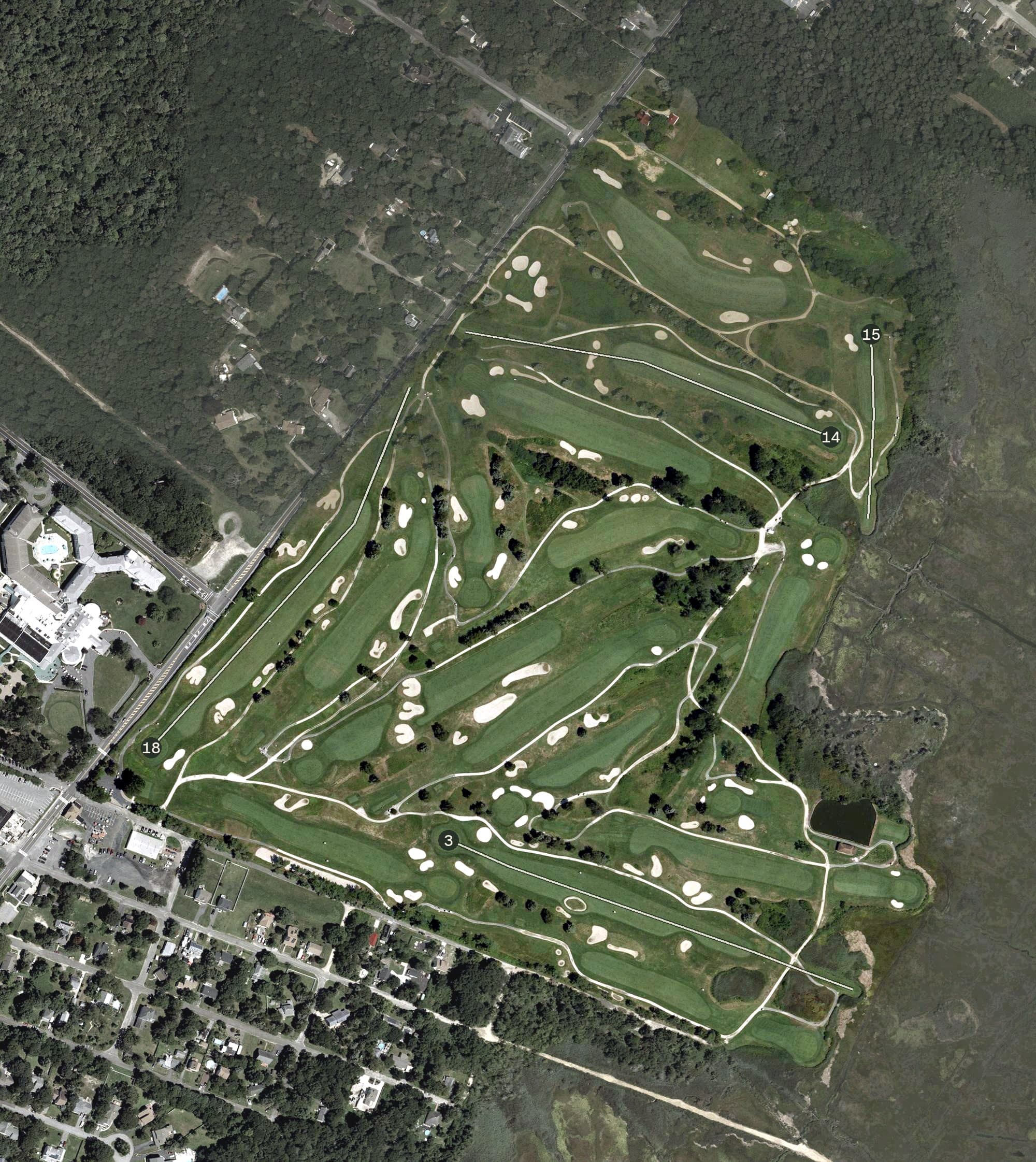Aerial view of Seaview Golf Club Bay Course, NJ, with its hole routing marked
