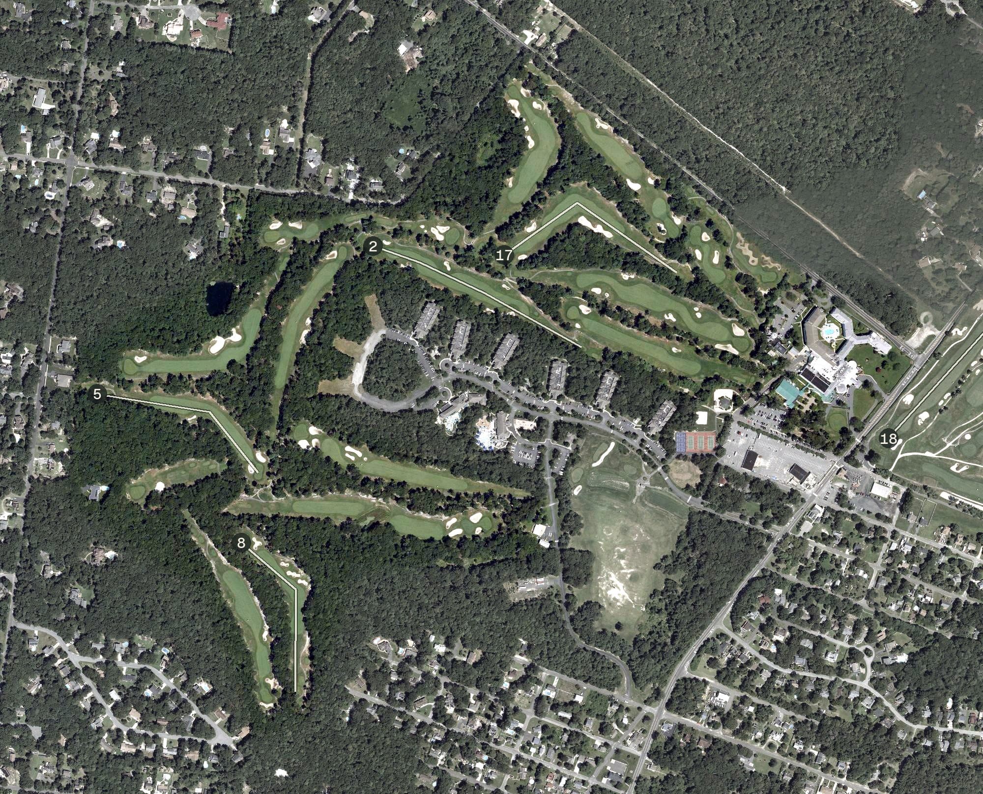 Aerial view of Seaview Golf Club Pines Course, NJ, with its hole routing marked