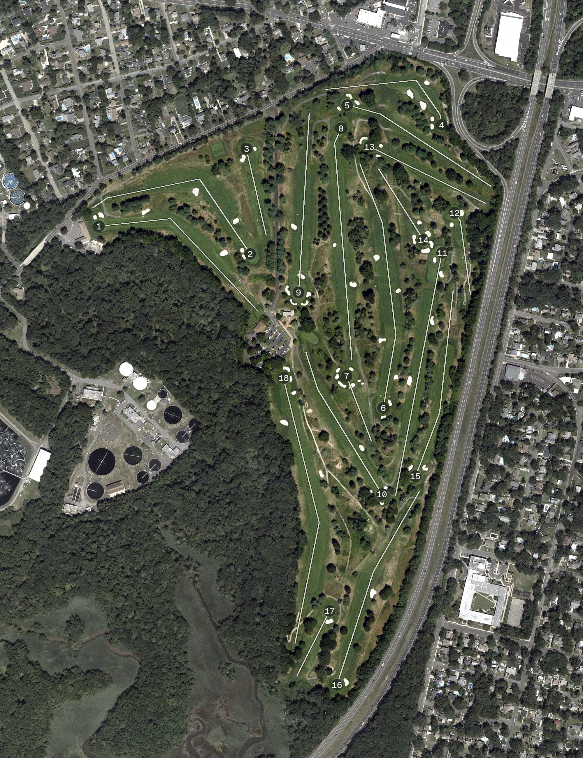 Aerial view of Shark River Golf Course, NJ, with its hole routing marked