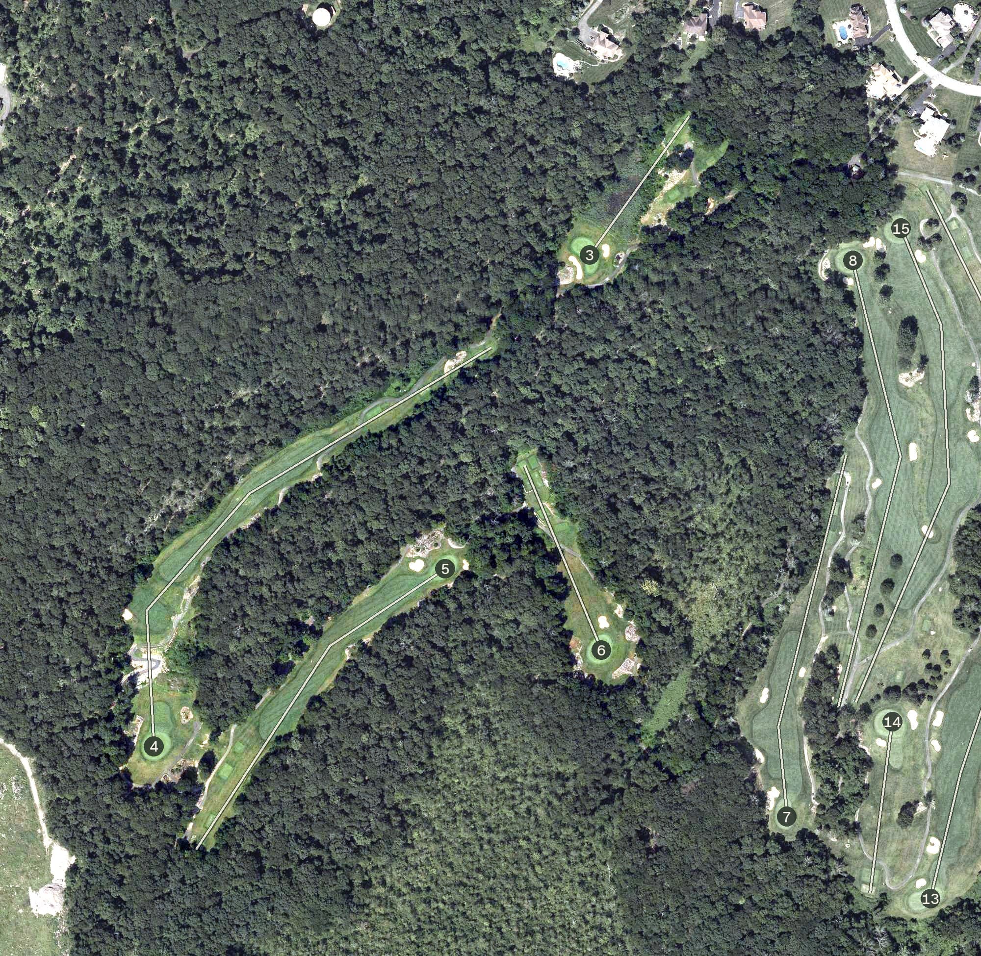 Aerial view of Sky View Golf & Banquets, NJ, with its hole routing marked