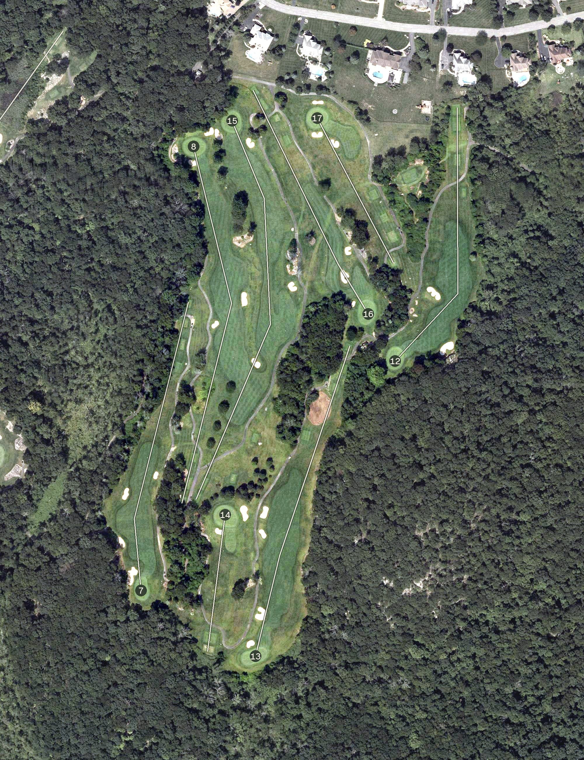 Aerial view of Sky View Golf & Banquets, NJ, with its hole routing marked