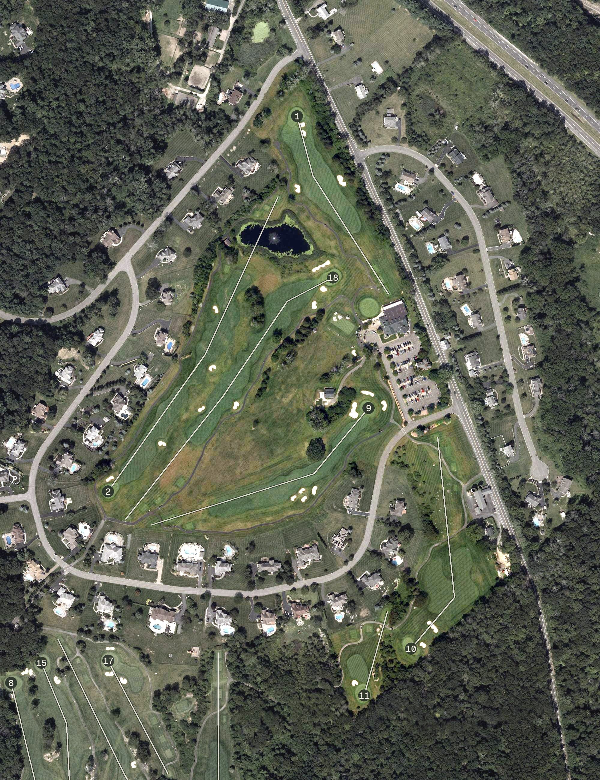 Aerial view of Sky View Golf & Banquets, NJ, with its hole routing marked
