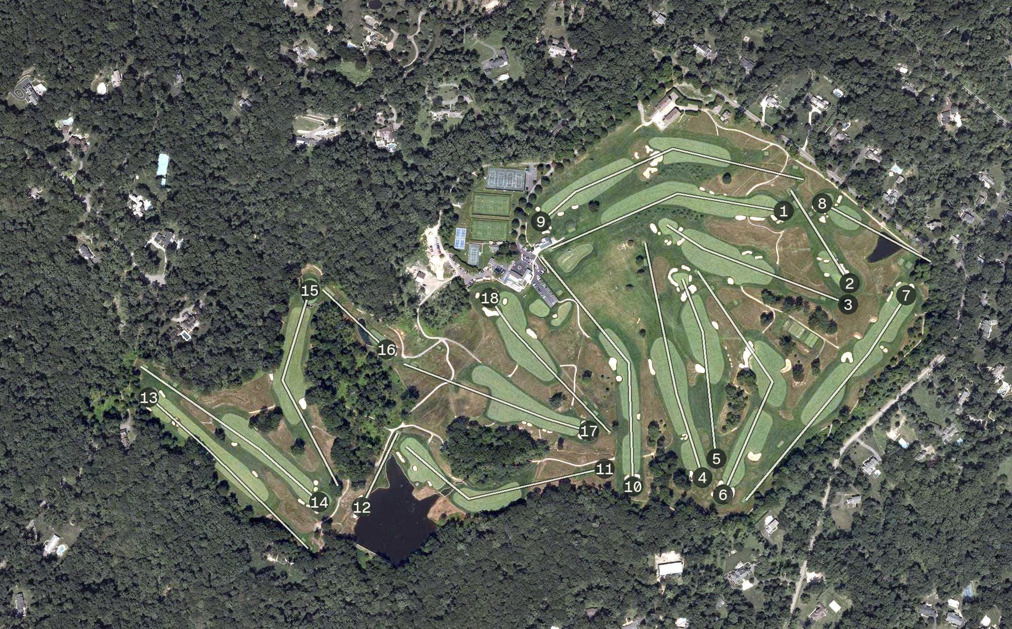 Aerial view of Somerset Hills Country Club, NJ, with its hole routing marked