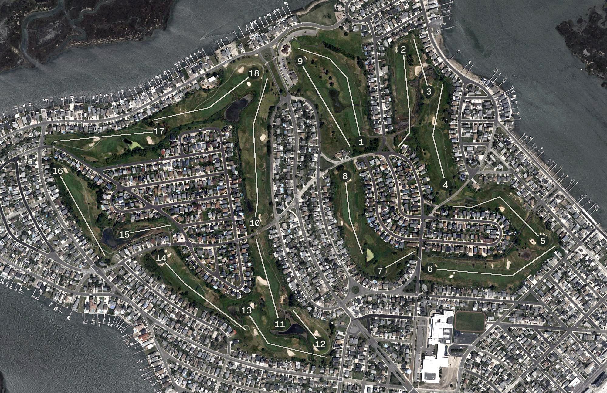 Aerial view of The Links at Brigantine, NJ, with its hole routing marked