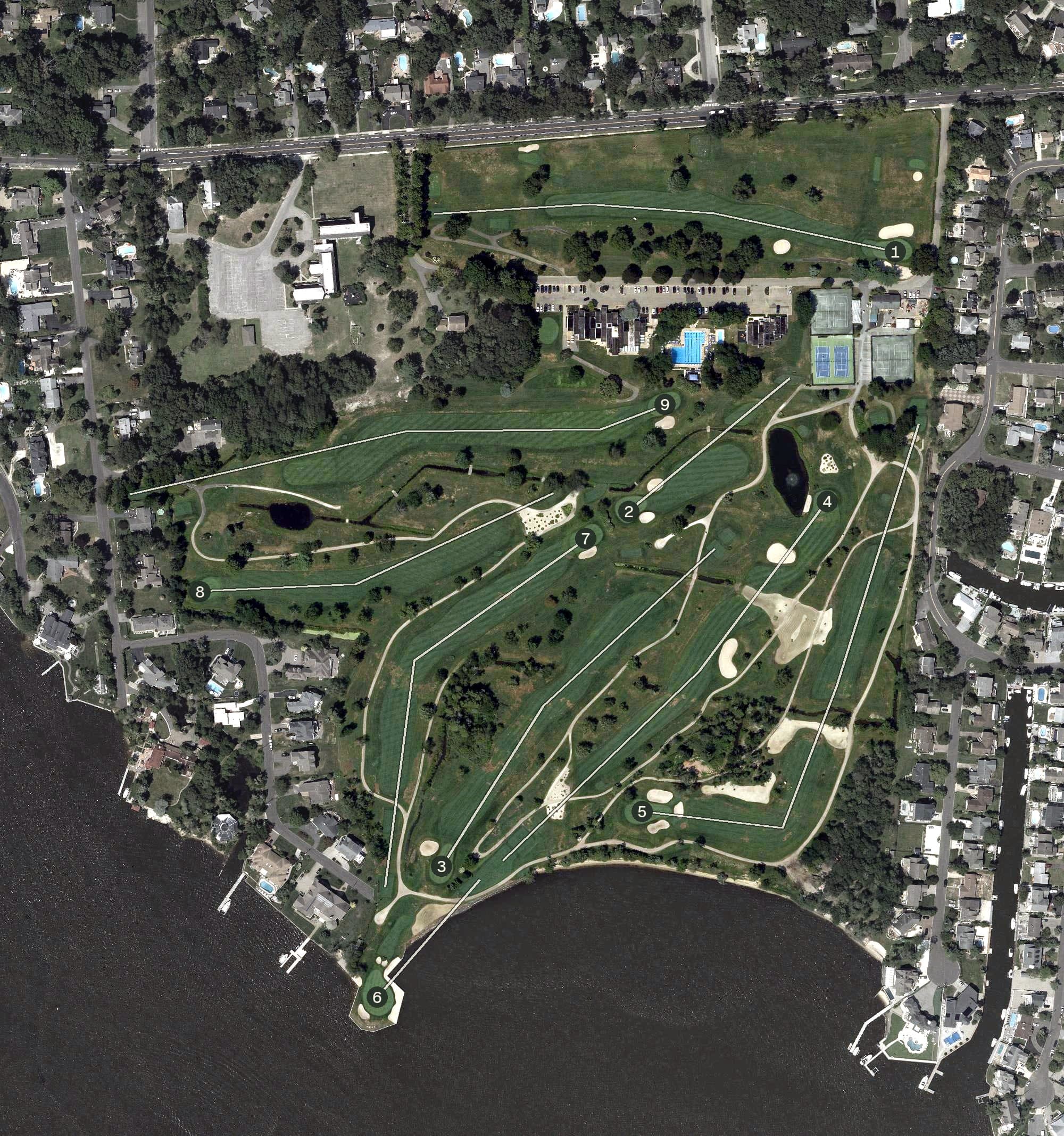 Aerial view of Toms River Country Club, NJ, with its hole routing marked