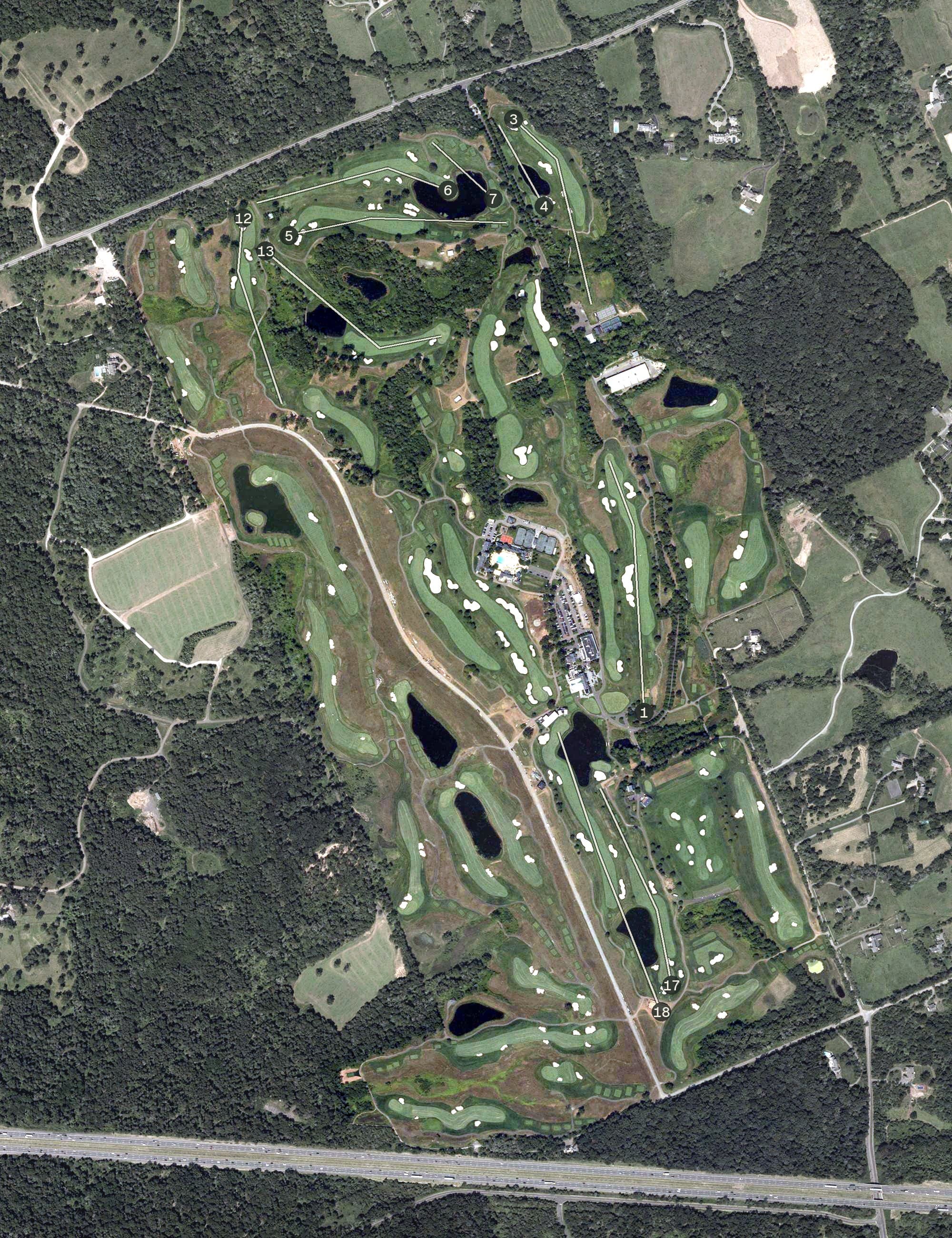 Aerial view of Trump National Golf Club Bedminster, NJ, with its hole routing marked